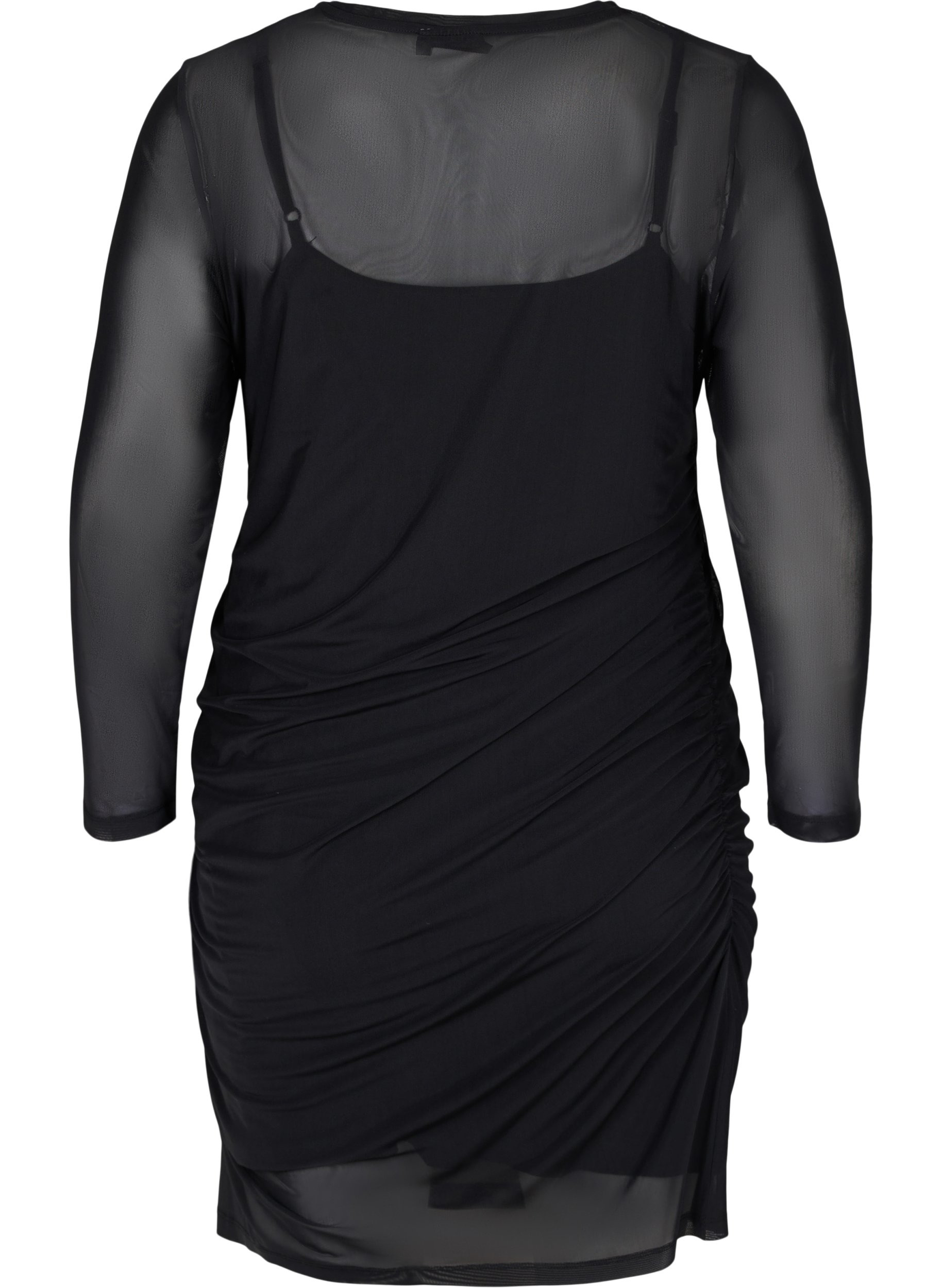 Nauwsluitende mesh jurk met 3/4 mouwen, Black, Packshot image number 1