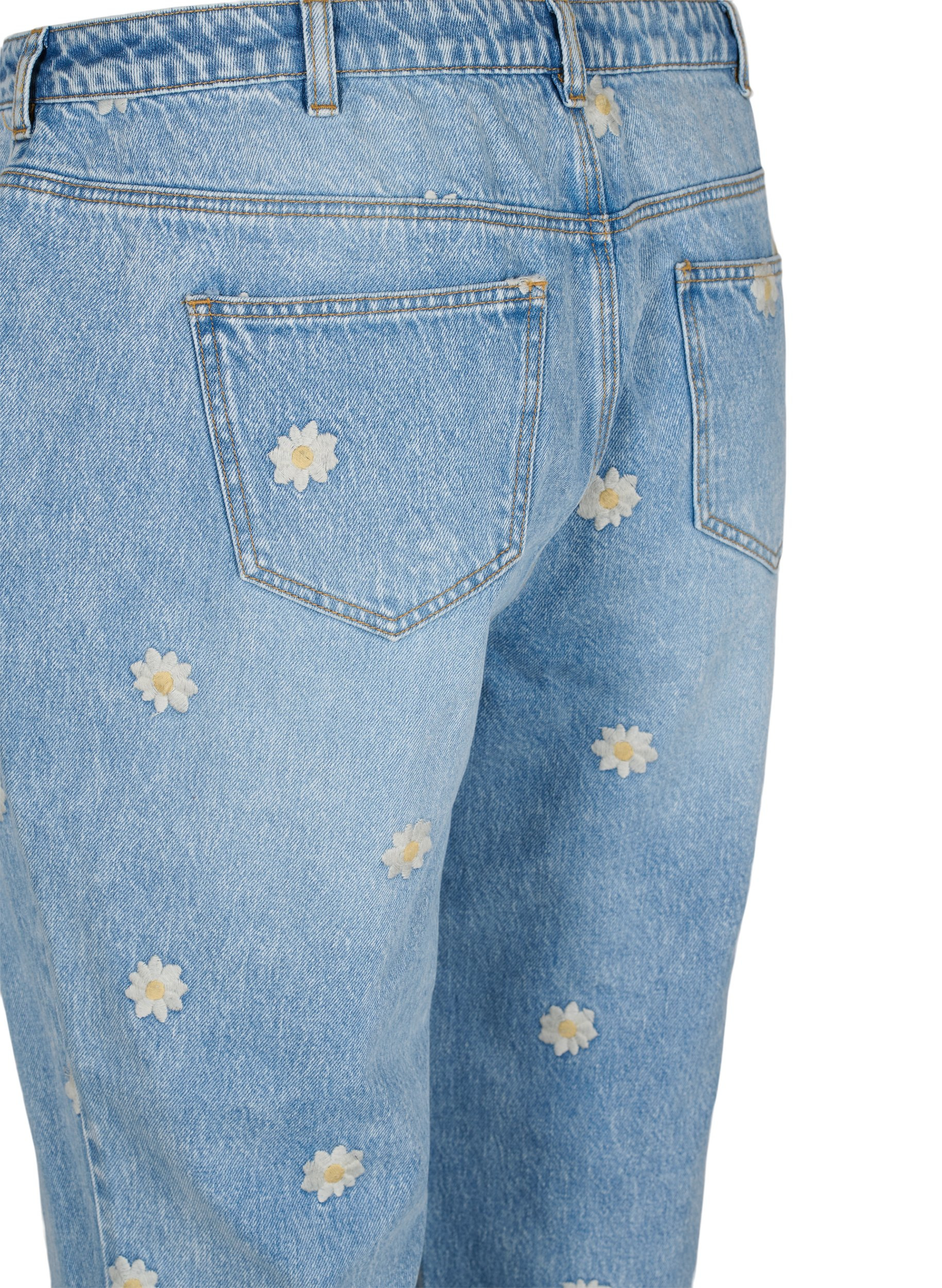 Mille mom fit jeans met bloemenborduursel, Light Blue w. Flower, Packshot image number 3