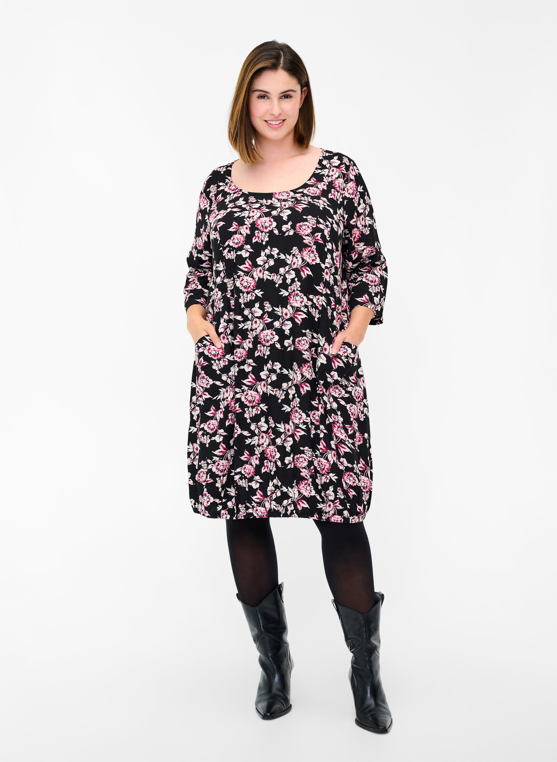 Viscose jurk met 3/4 mouwen, Black w Rose , Model image number 2