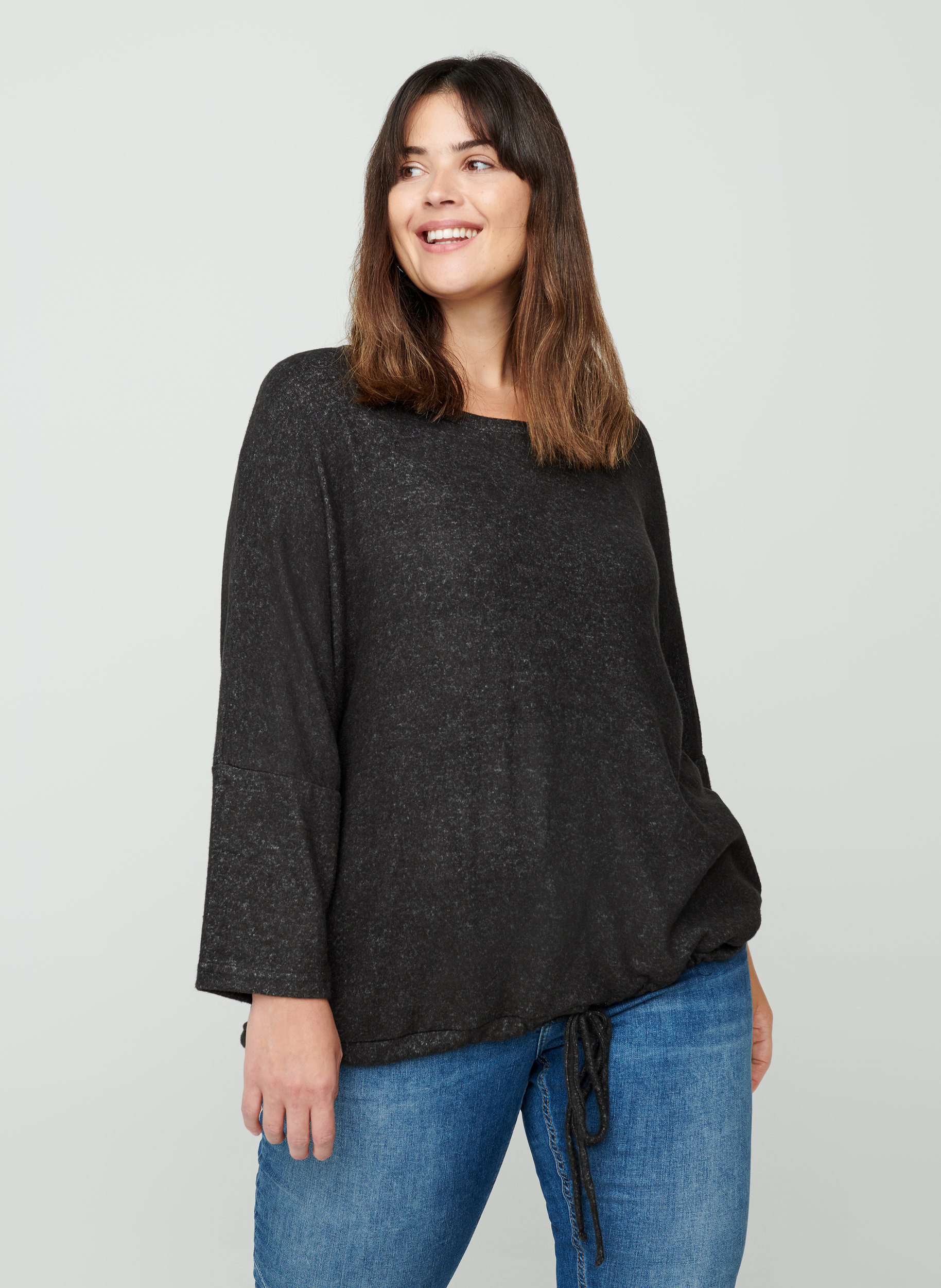 Gemêleerde blouse met verstelbare onderkant, Dark Grey Melange, Model image number 0