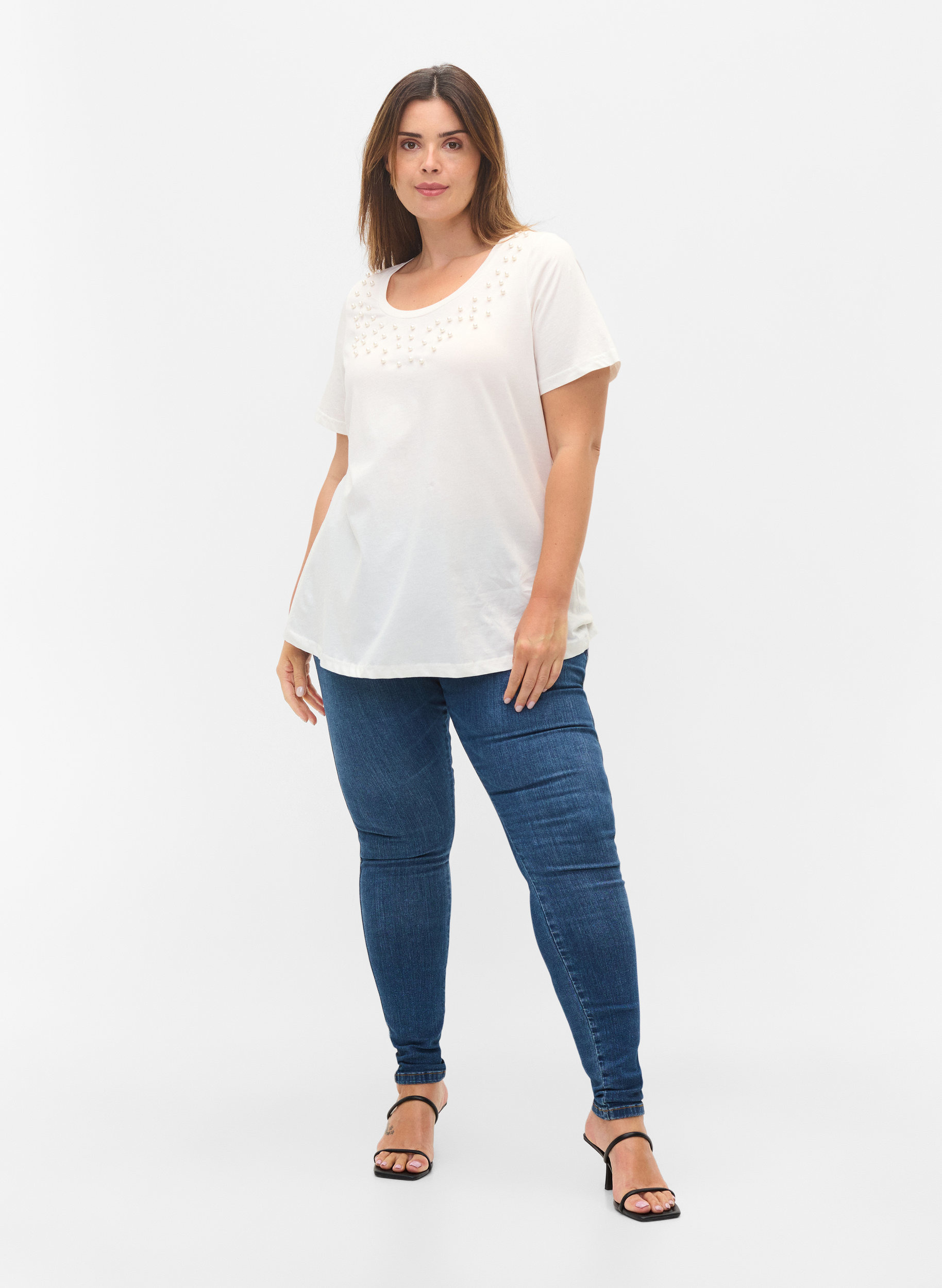 Katoenen T-shirt met parels, Warm Off-white, Model image number 2