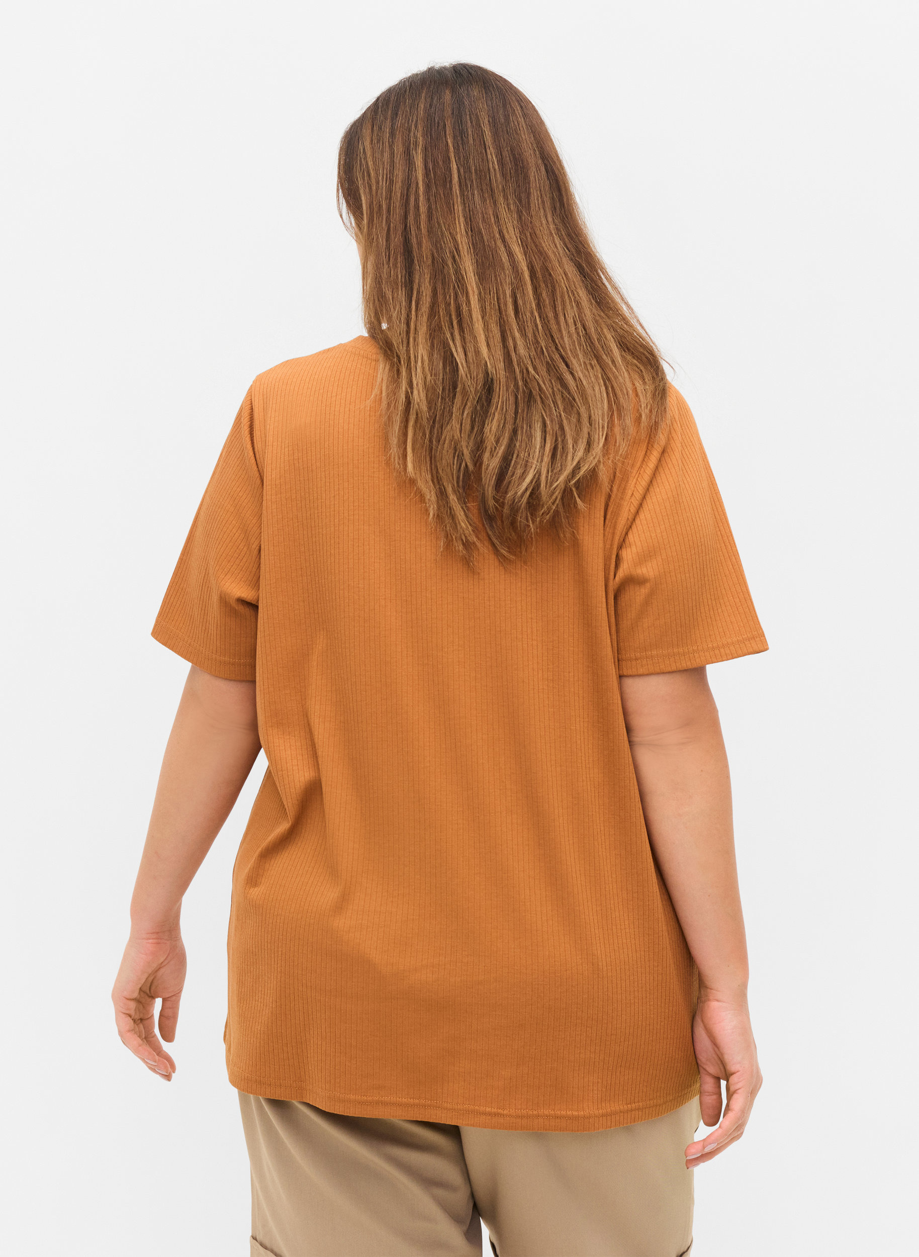 T-shirt met korte mouwen in ribstof, Pecan Brown, Model