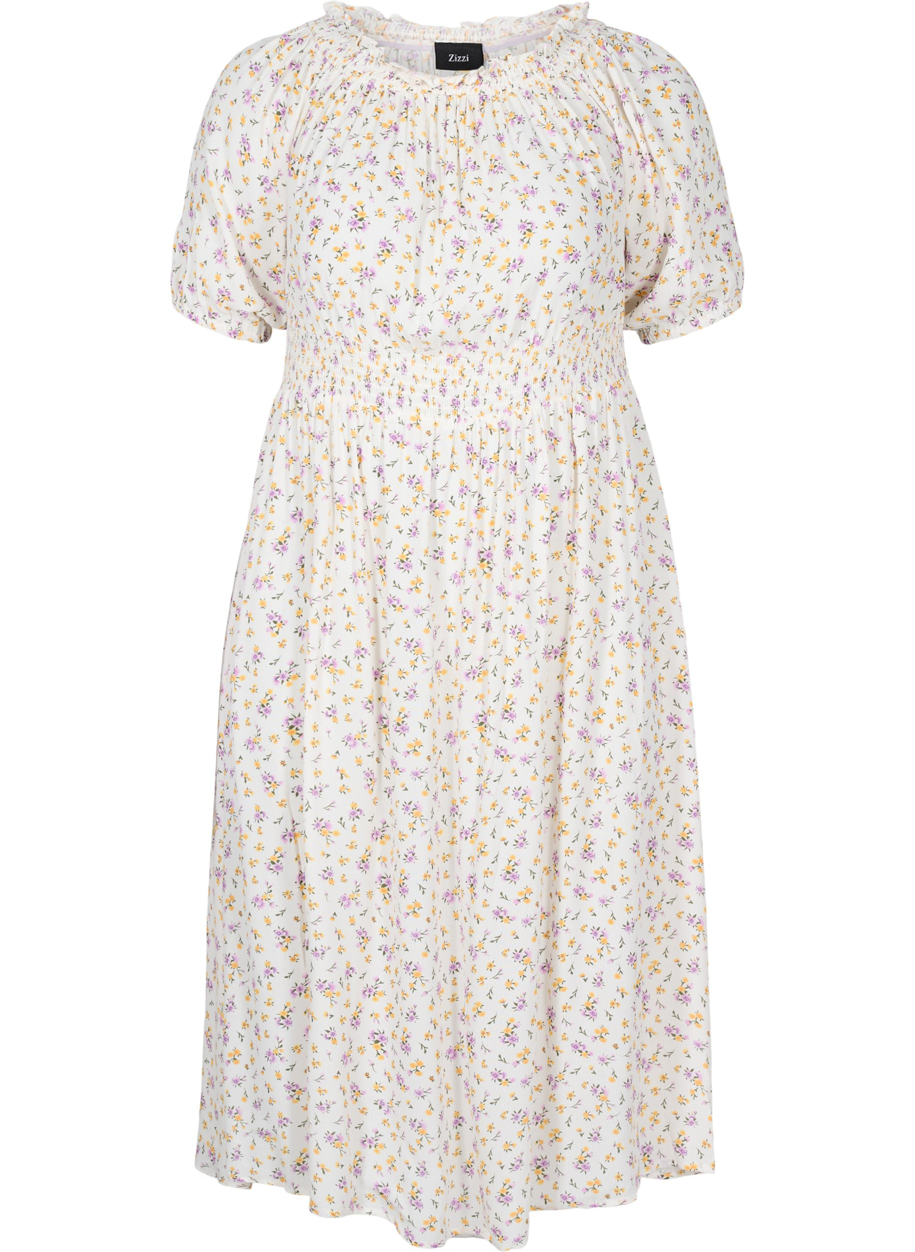 Gebloemde off-shoulder midi-jurk van viscose, White Flower AOP, Packshot image number 0