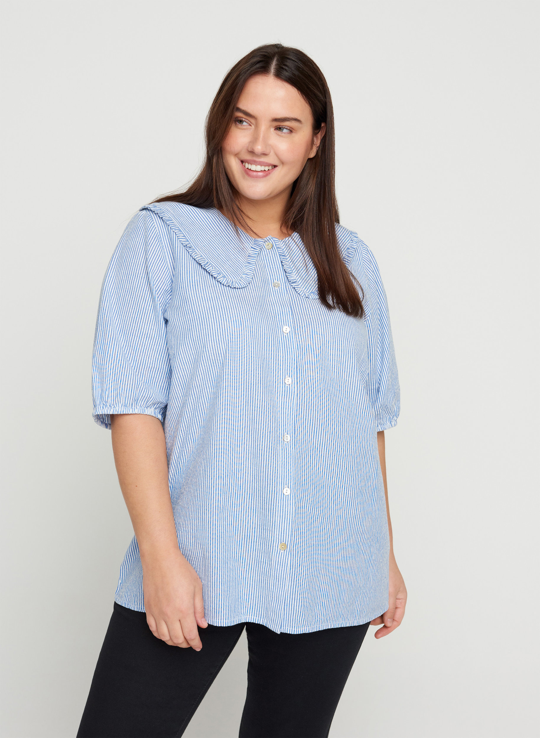 Gestreepte blouse met halflange mouwen, Blue Stripe, Model