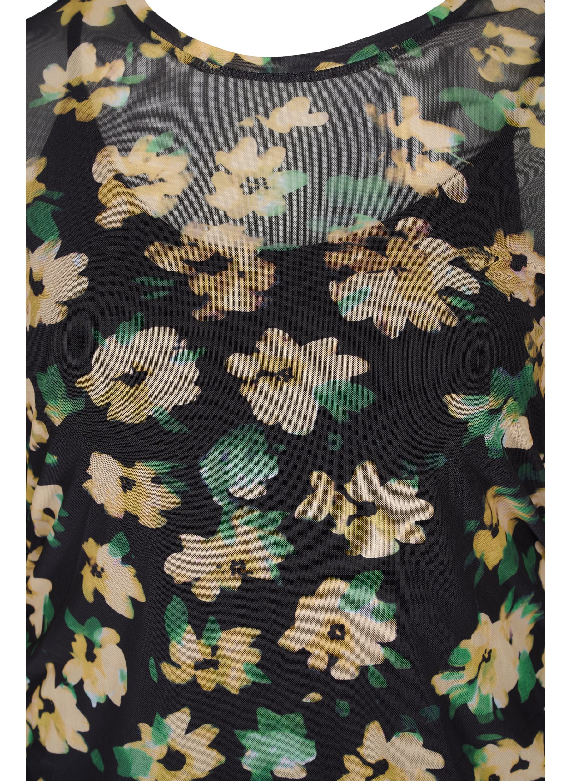 Nauwsluitende mesh jurk met 3/4 mouwen, Yellow Green AOP, Packshot image number 2