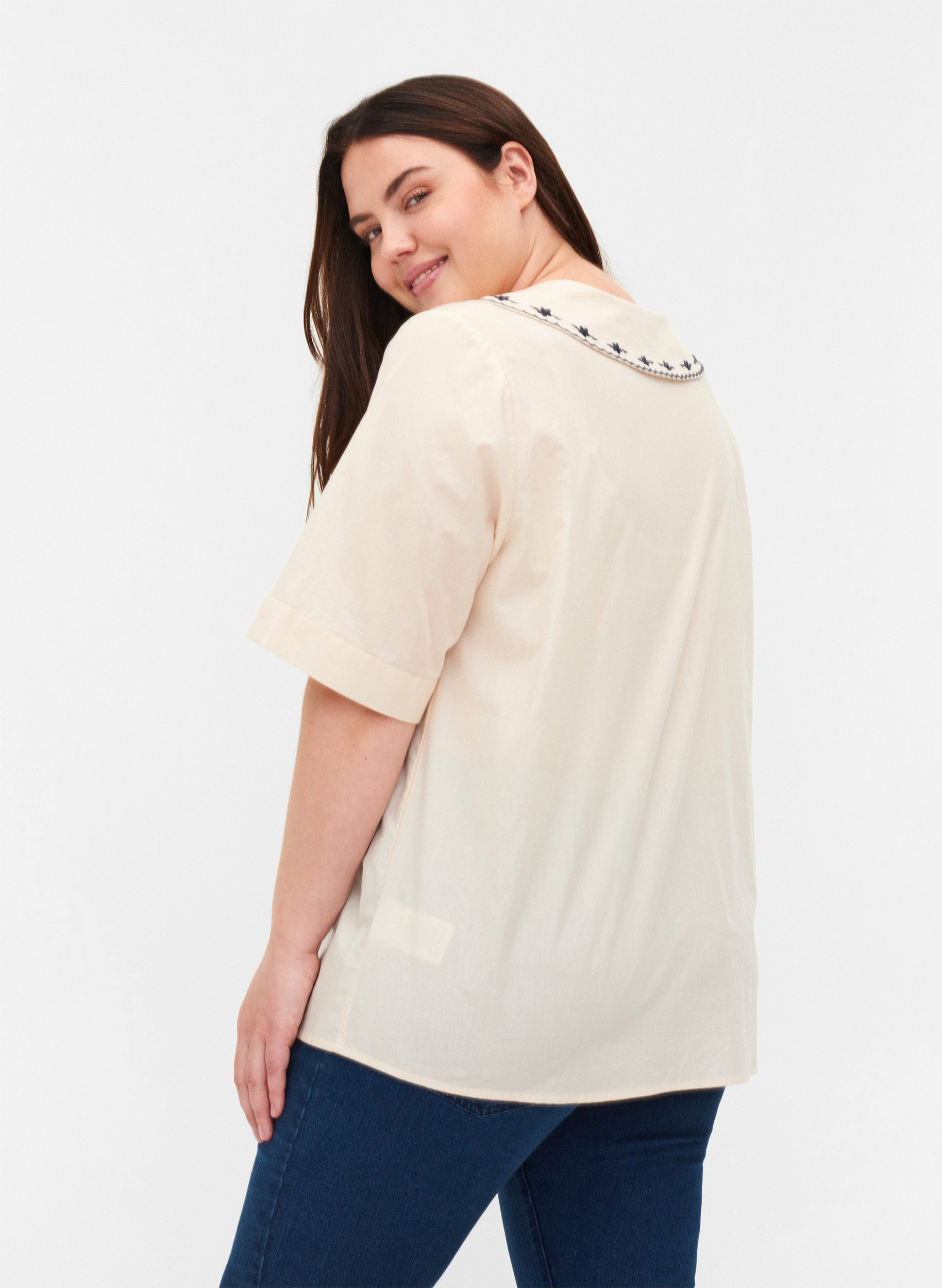 Katoenen blouse met korte mouwen en grote kraag , MotherOfPearl w.Blue, Model image number 1