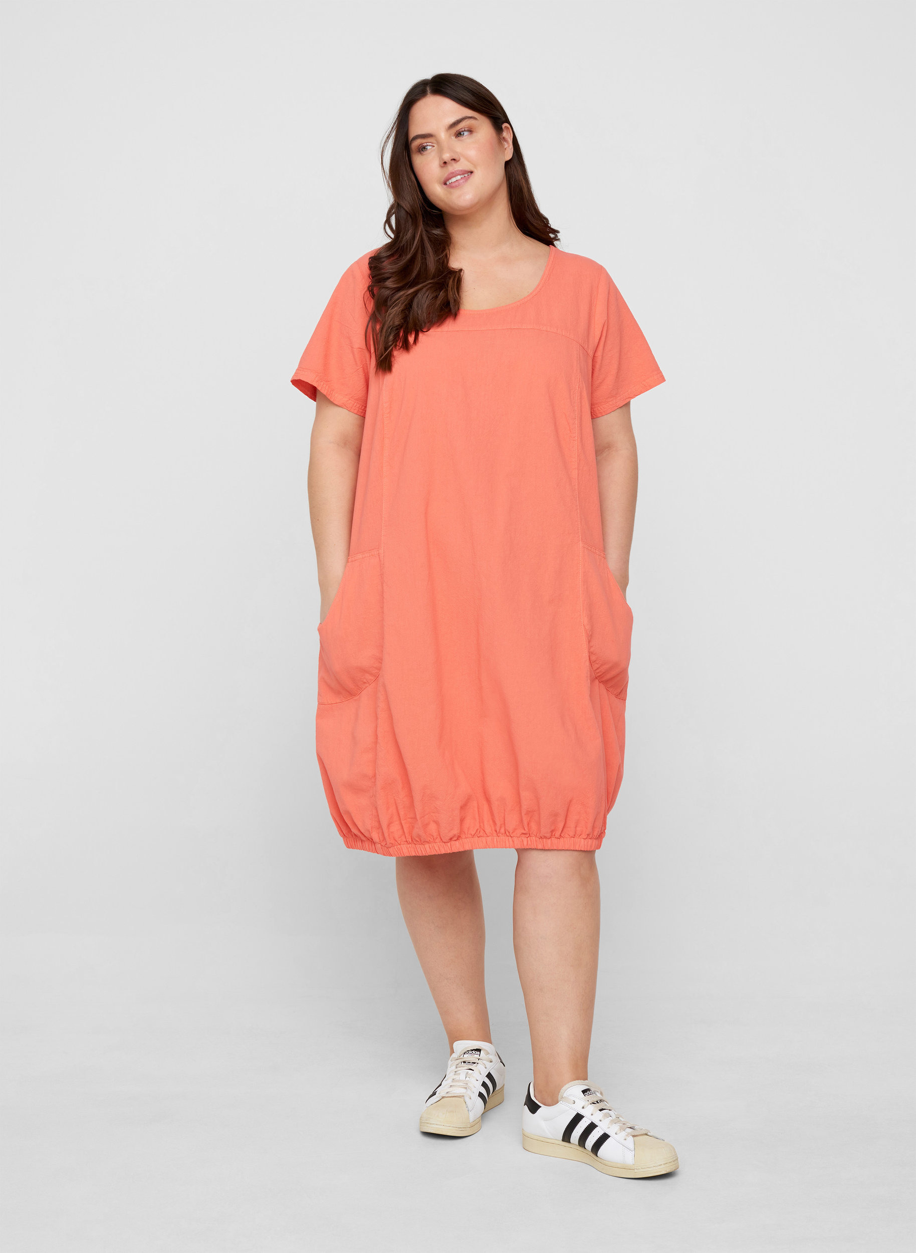 Katoenen jurk met korte mouwen, Hot Coral, Model image number 2