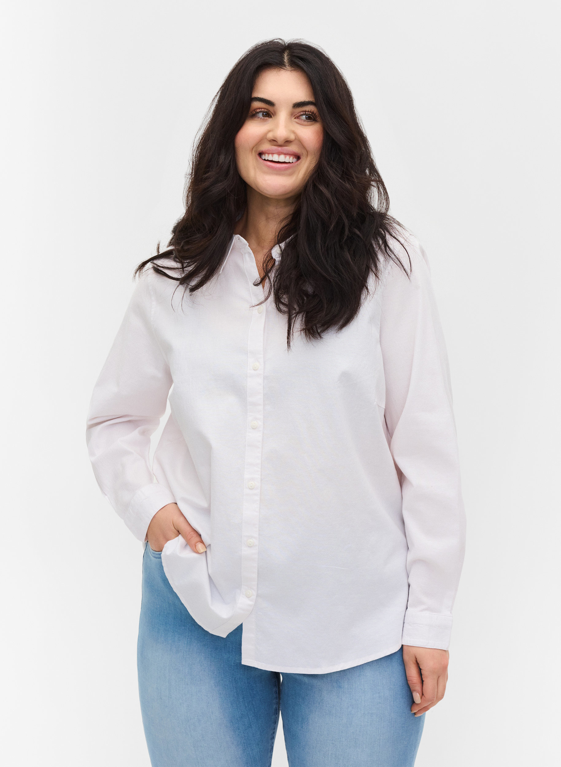 Katoenen blouse met lange mouwen, Bright White, Model image number 0