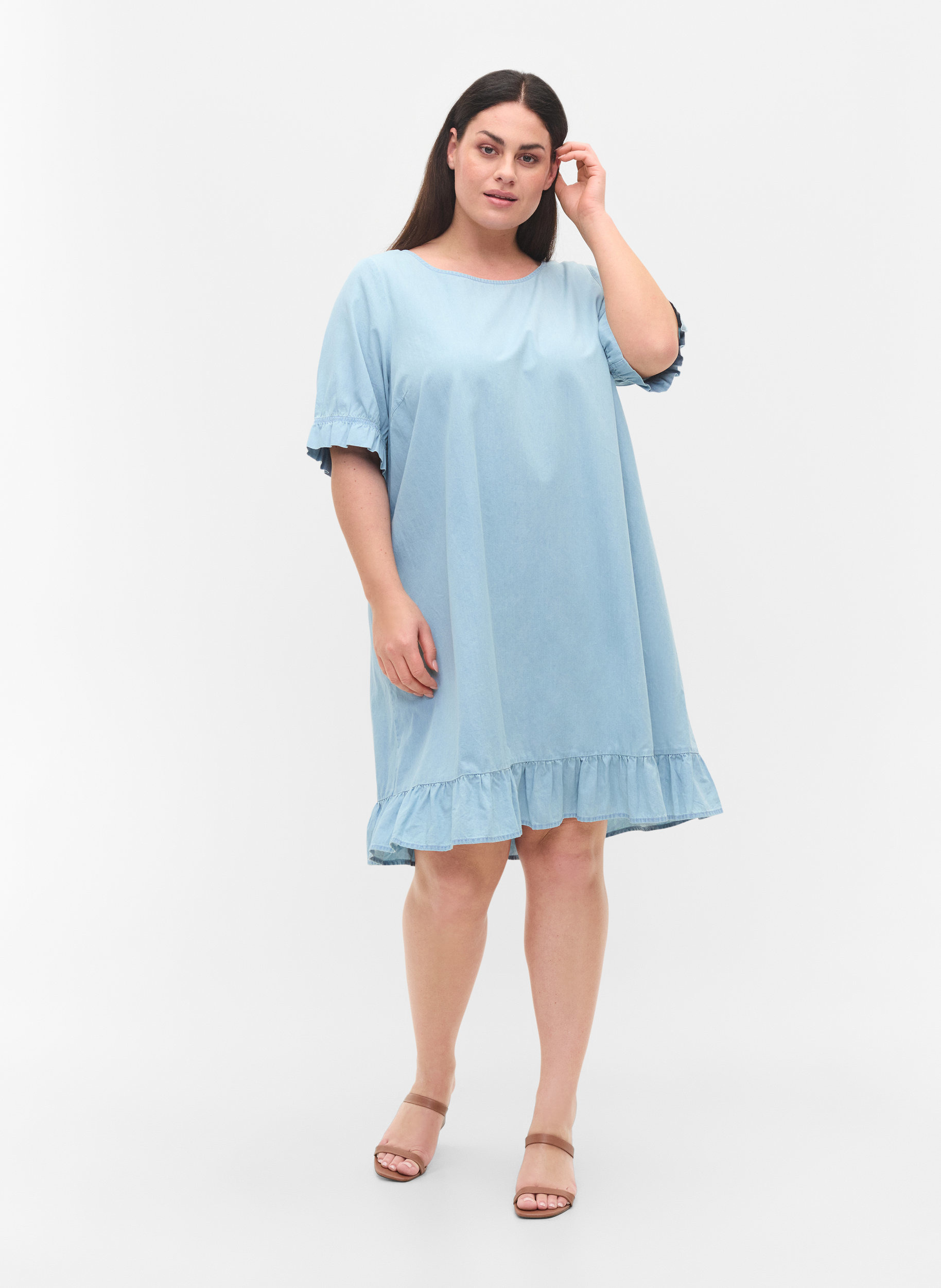 Denim jurk in katoen met korte mouwen, Light blue denim, Model image number 2