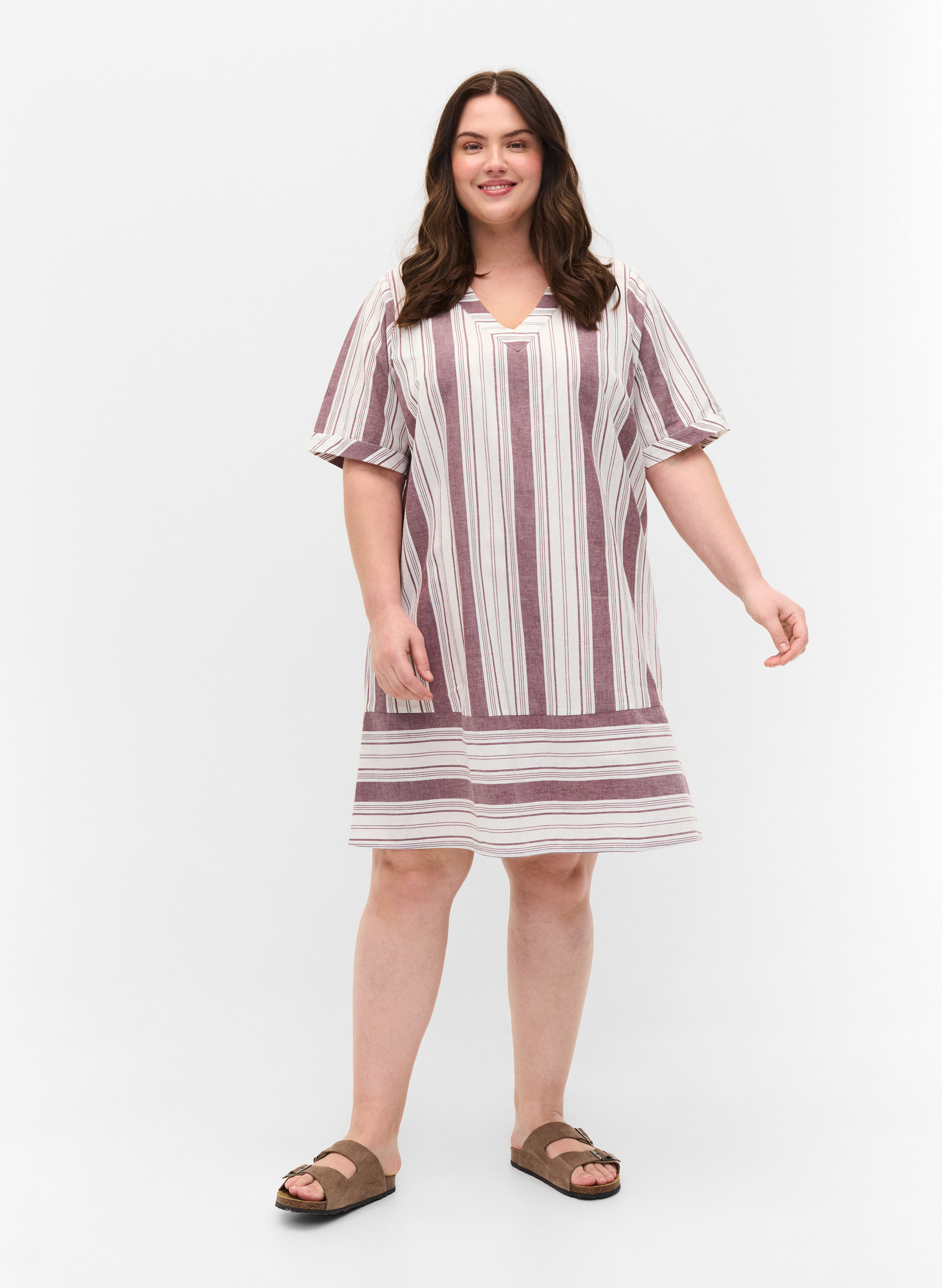 Gestreepte katoenen jurk met korte mouwen, Vineyard Wine Stripe, Model image number 2