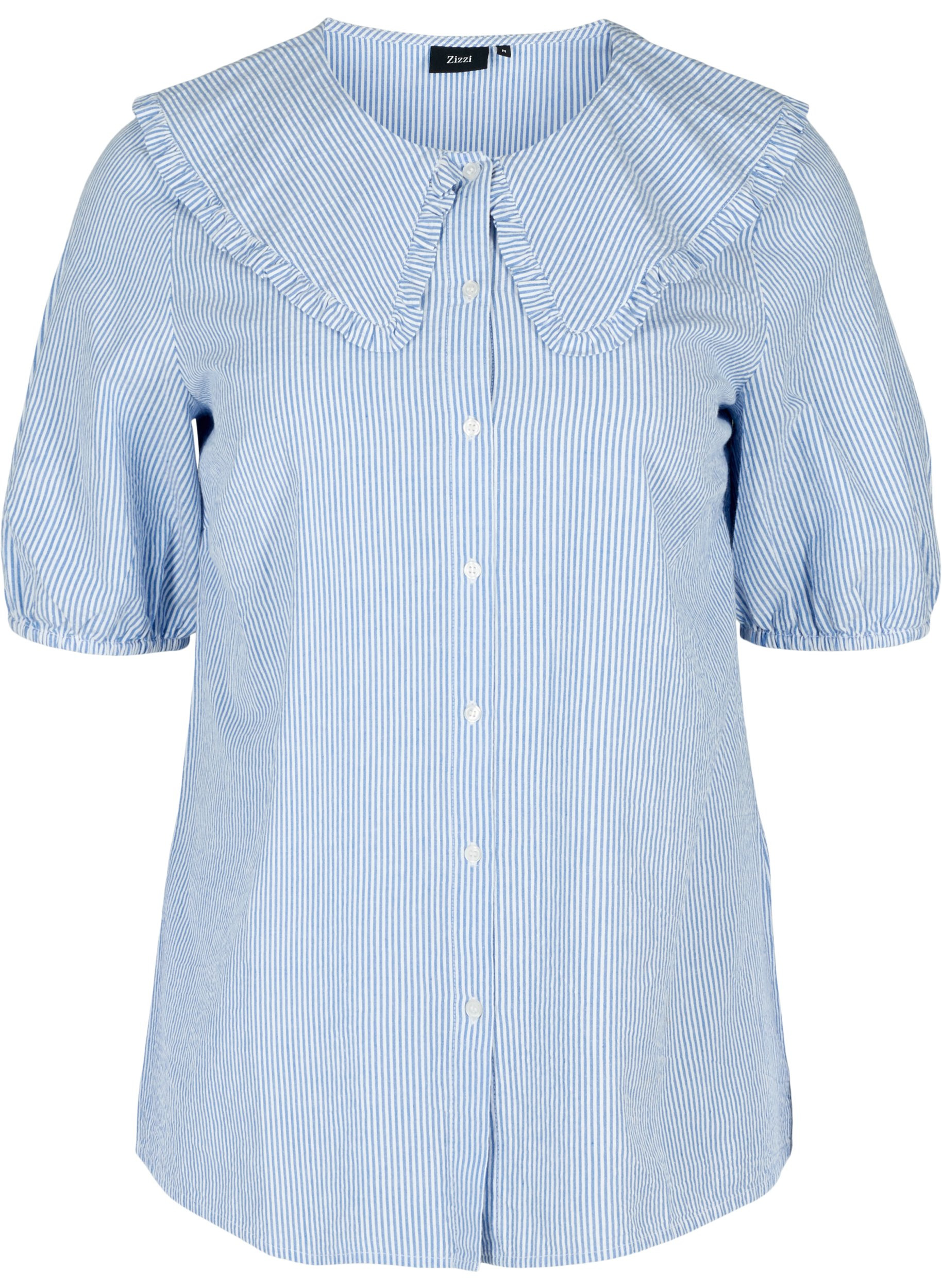 Gestreepte blouse met halflange mouwen, Blue Stripe, Packshot image number 0