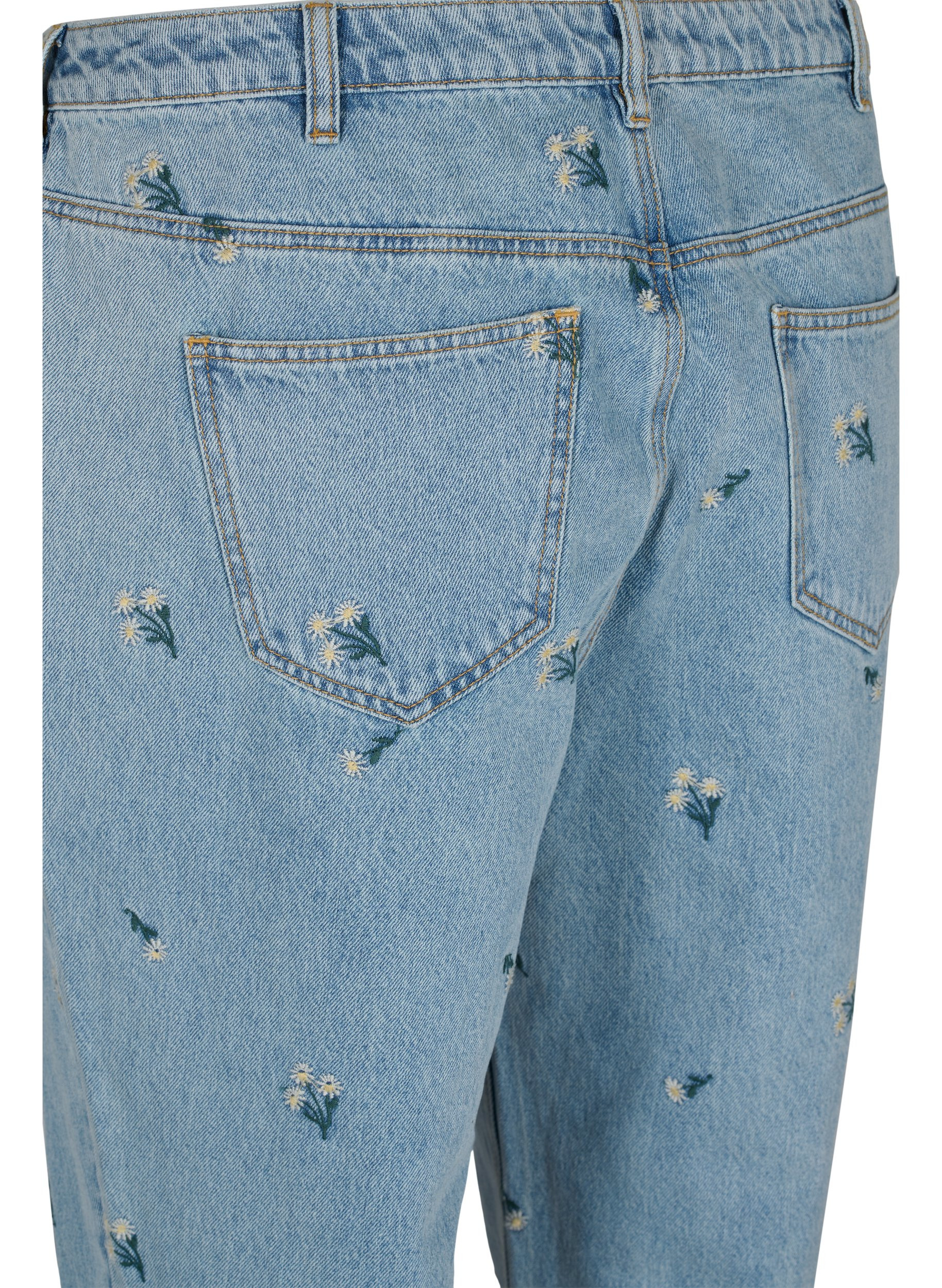 Mille mom fit jeans met bloemenborduursel, Blue w. Small Flower, Packshot image number 3