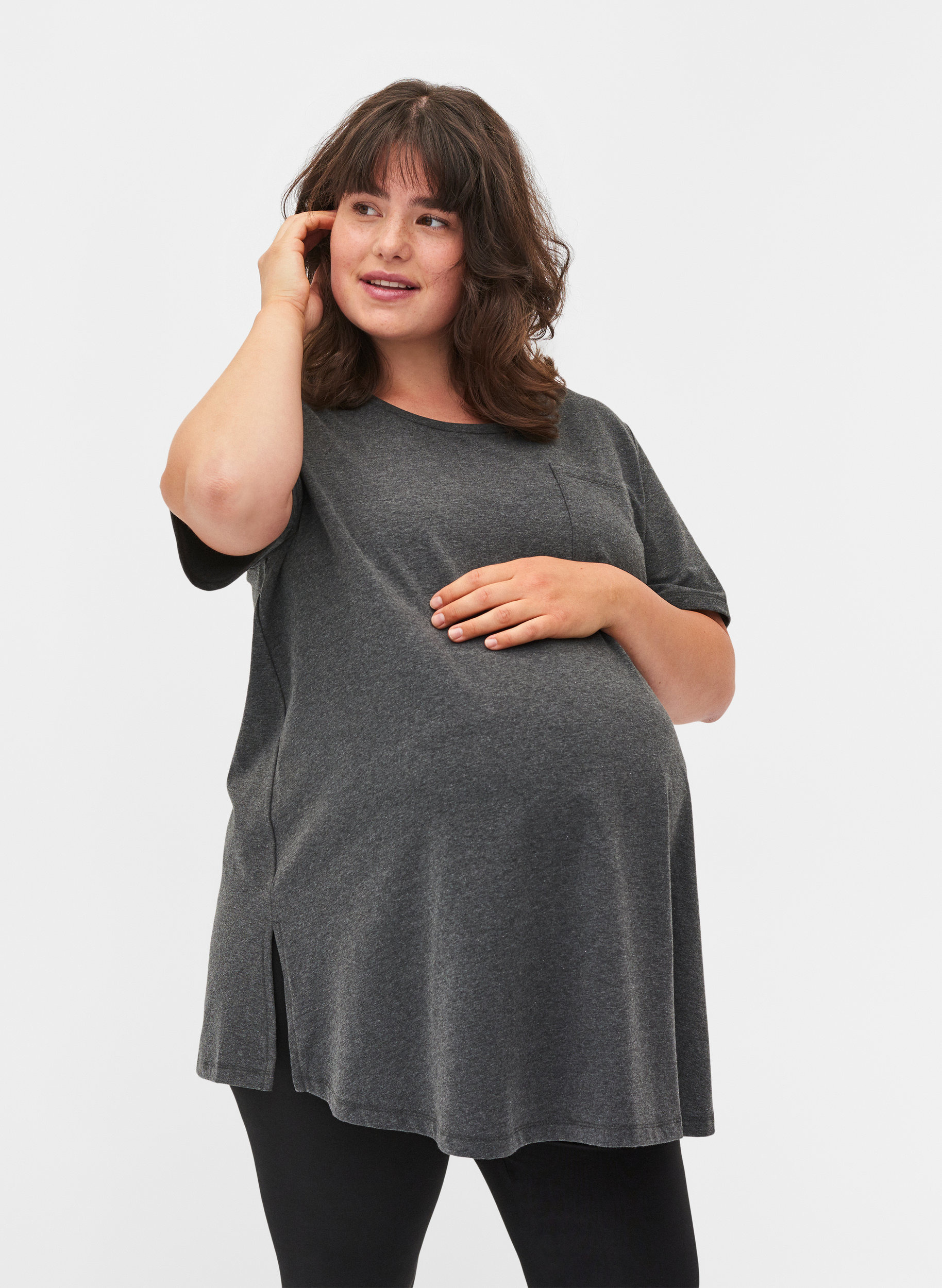 Zwangerschaps t-shirt in katoen met korte mouwen , Dark Grey Melange, Model image number 0