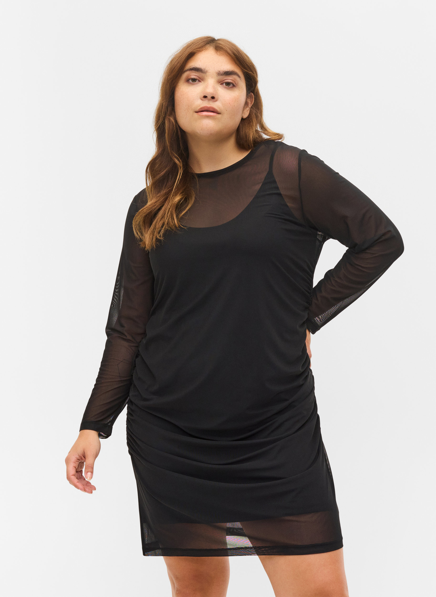 Nauwsluitende mesh jurk met 3/4 mouwen, Black, Model image number 0