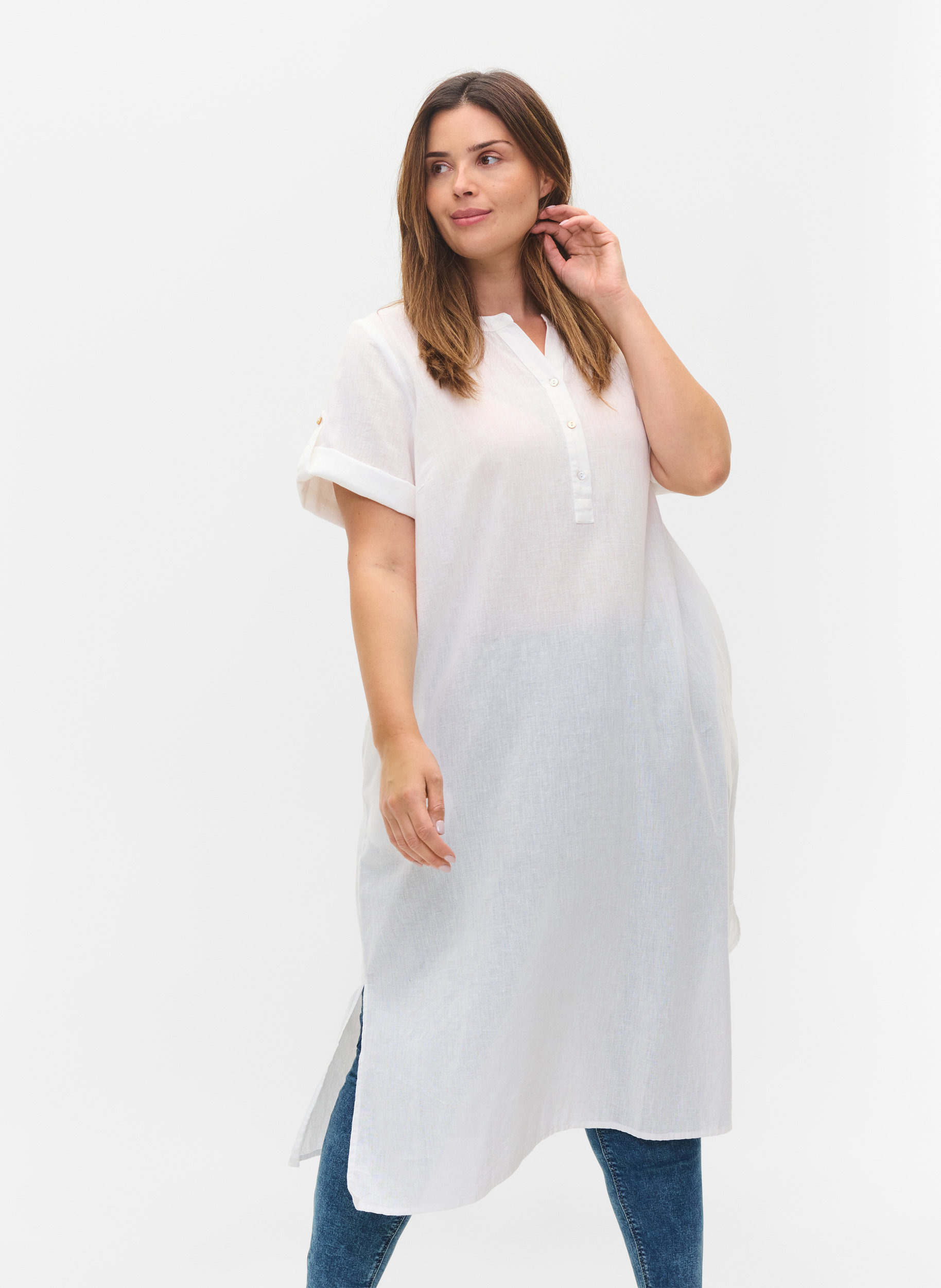 Lange blouse jurk met korte mouwen, White, Model