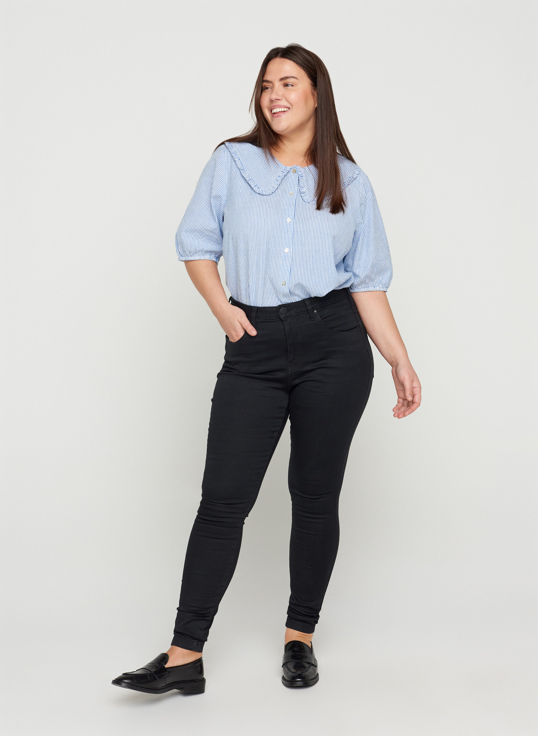 Gestreepte blouse met halflange mouwen, Blue Stripe, Model image number 2