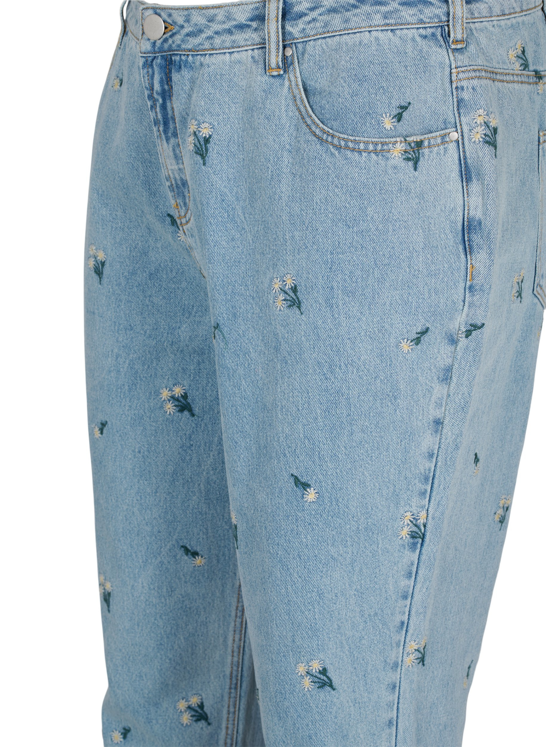 Mille mom fit jeans met bloemenborduursel, Blue w. Small Flower, Packshot image number 2