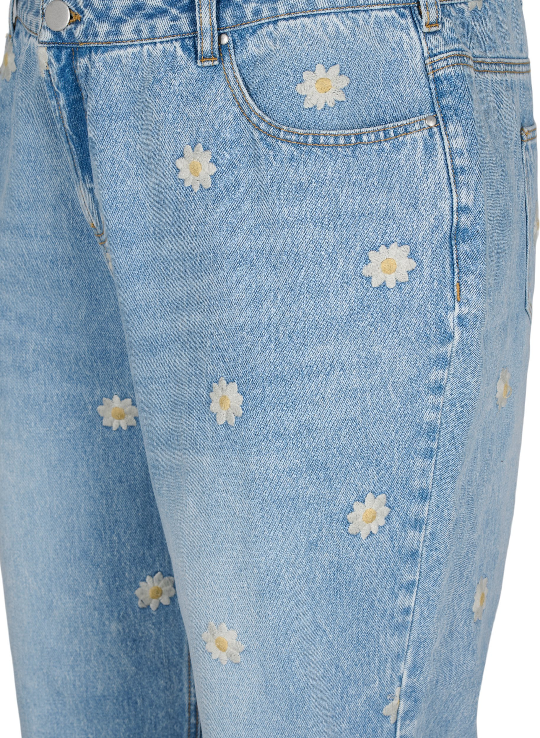Mille mom fit jeans met bloemenborduursel, Light Blue w. Flower, Packshot image number 2