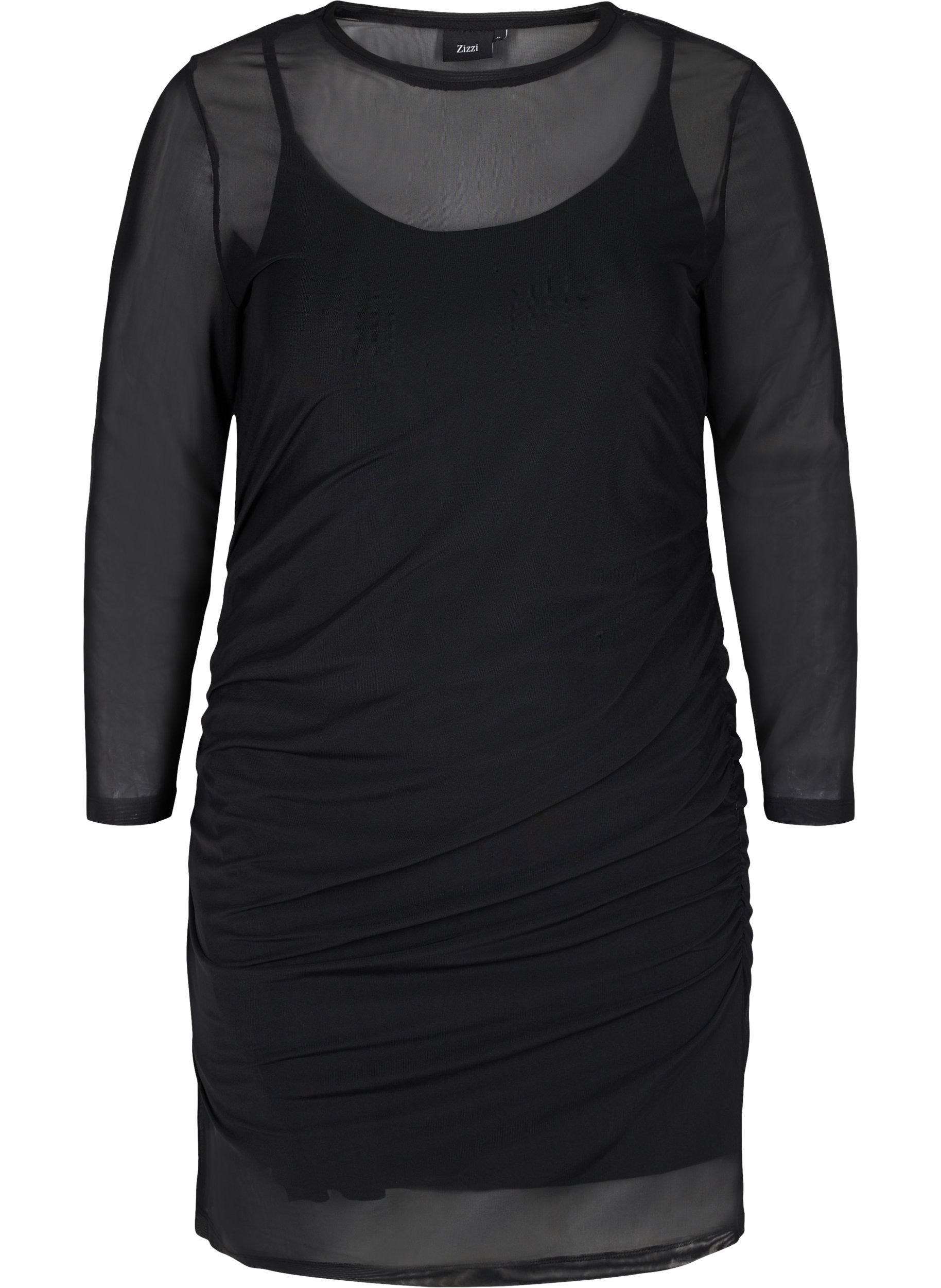 Nauwsluitende mesh jurk met 3/4 mouwen, Black, Packshot image number 0
