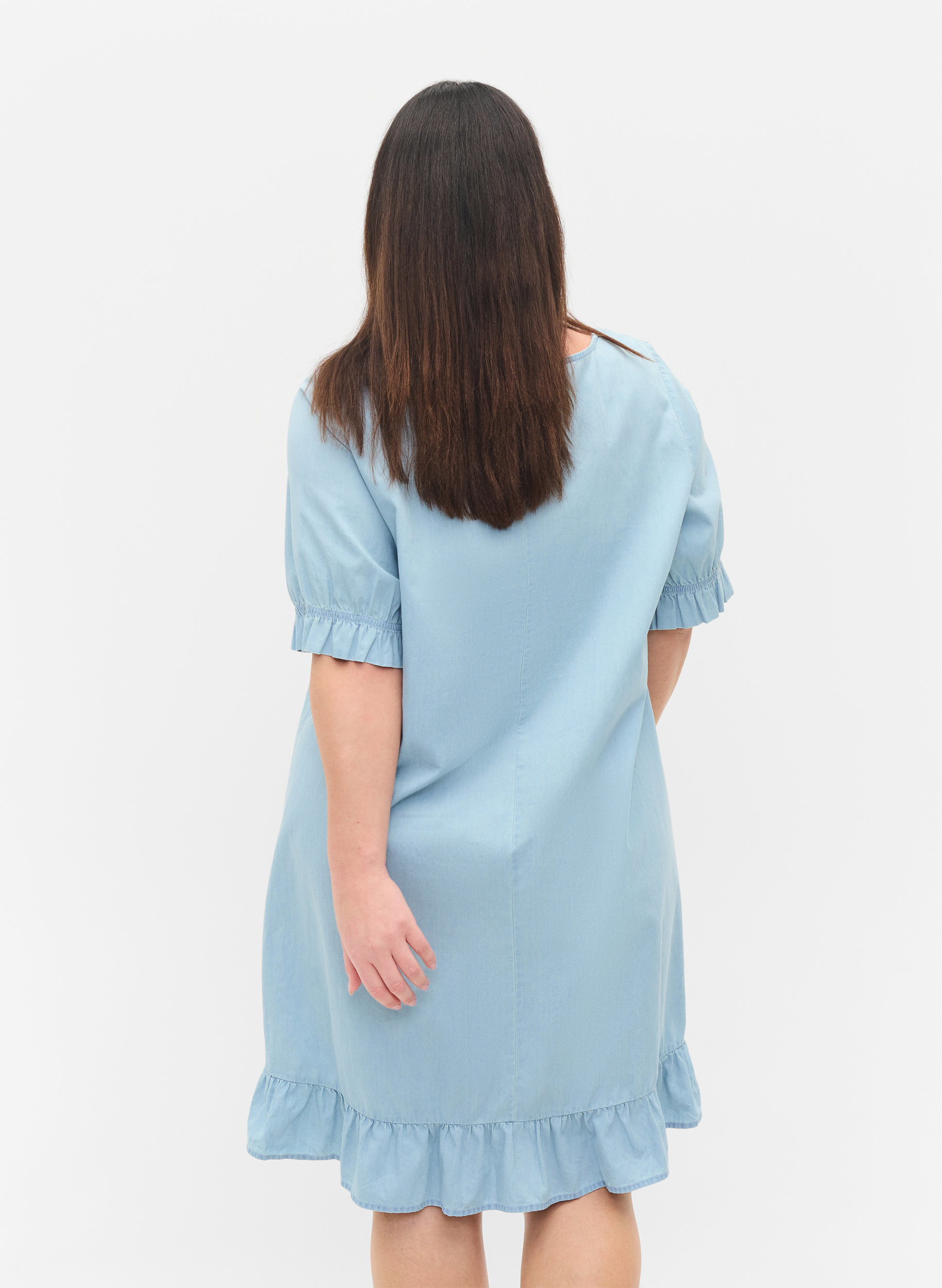Denim jurk in katoen met korte mouwen, Light blue denim, Model image number 1