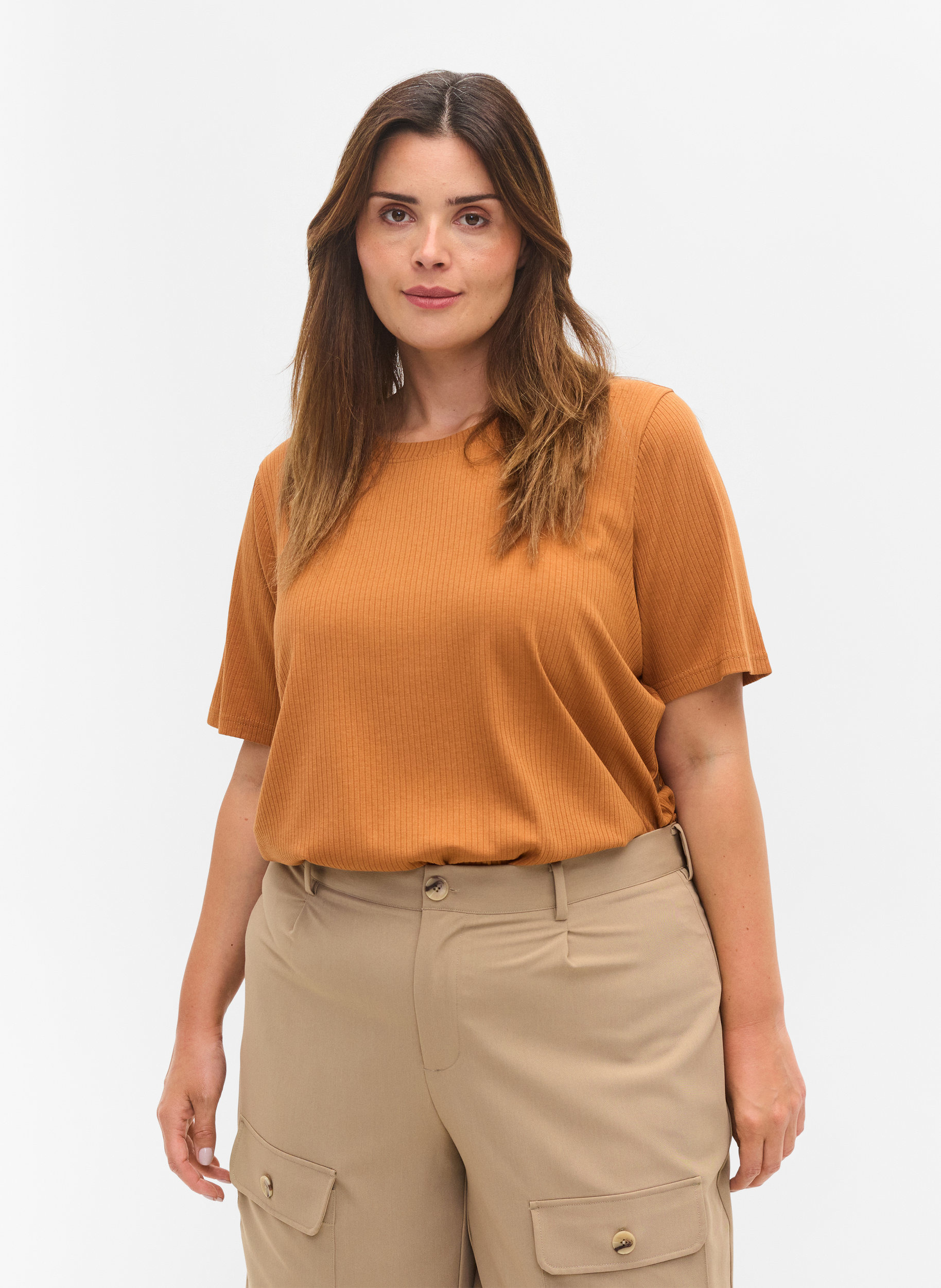 T-shirt met korte mouwen in ribstof, Pecan Brown, Model