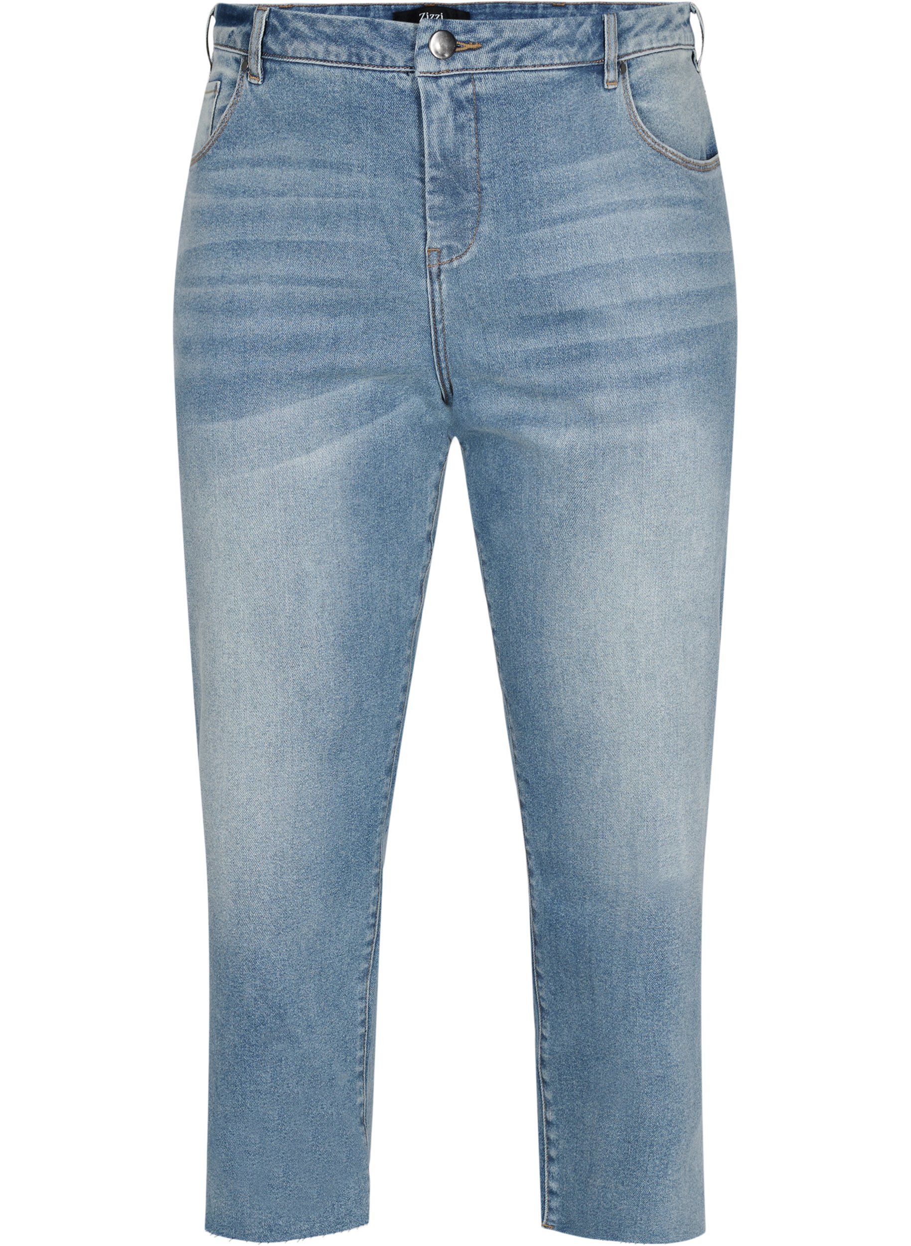 7/8 jeans met ruwe randjes en hoge taille, Light blue denim