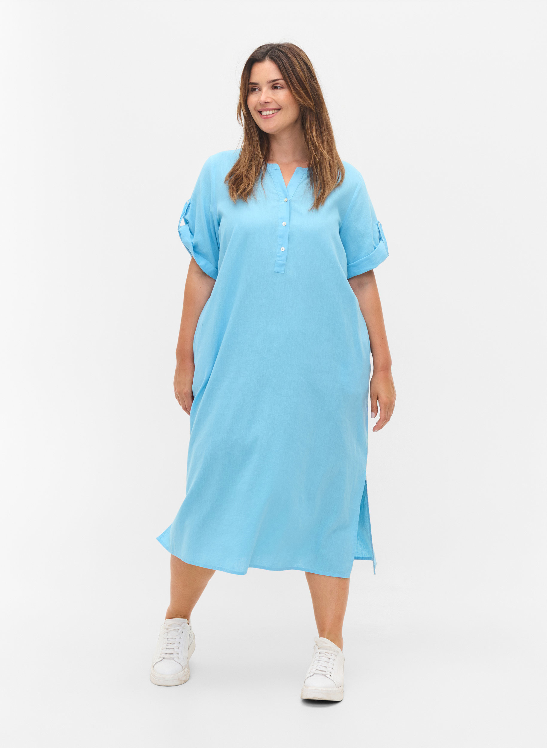 Lange blouse jurk met korte mouwen, Alaskan Blue, Model image number 2