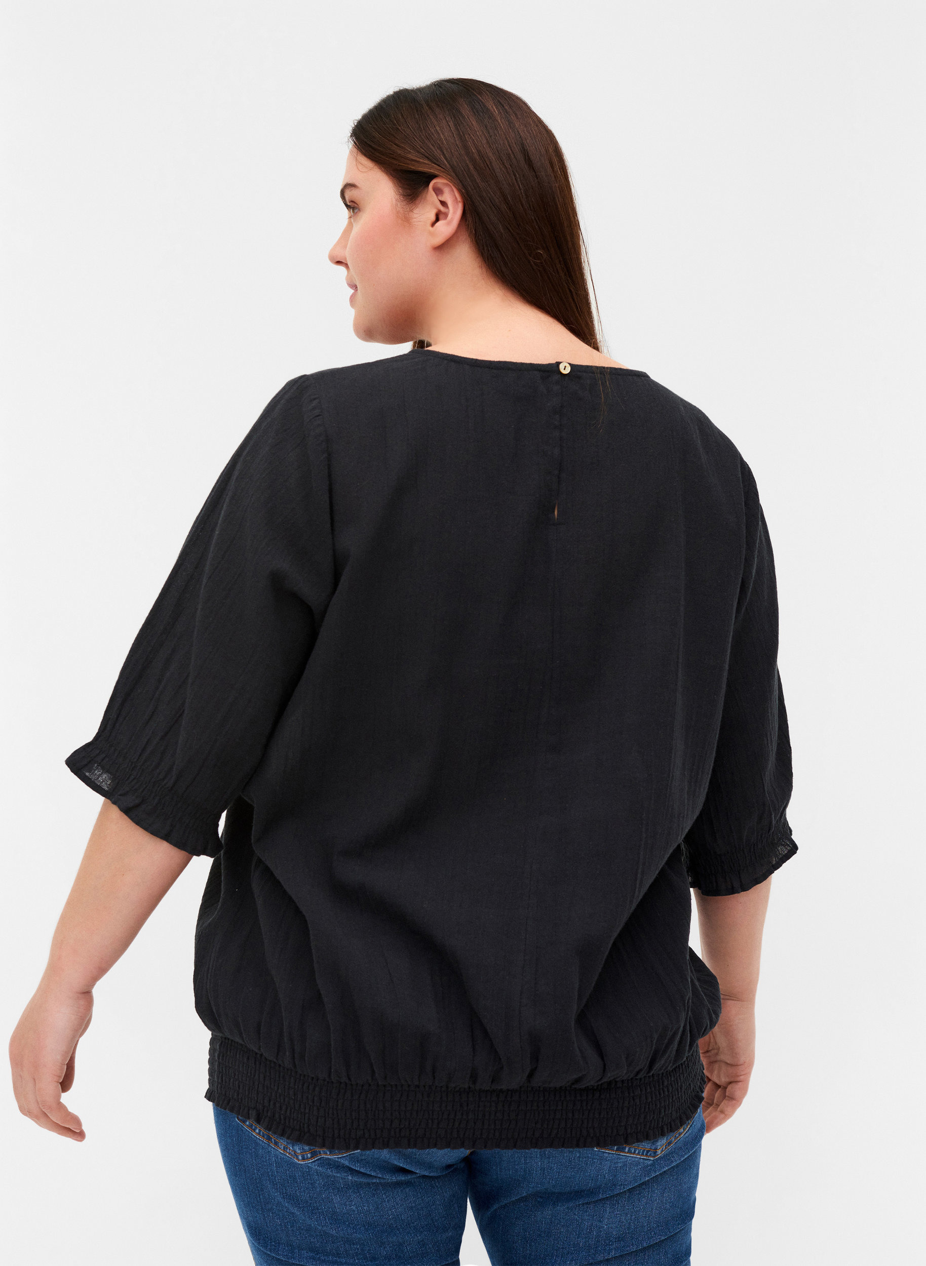 Katoenen blouse met smokwerk en korte mouwen, Black, Model image number 1