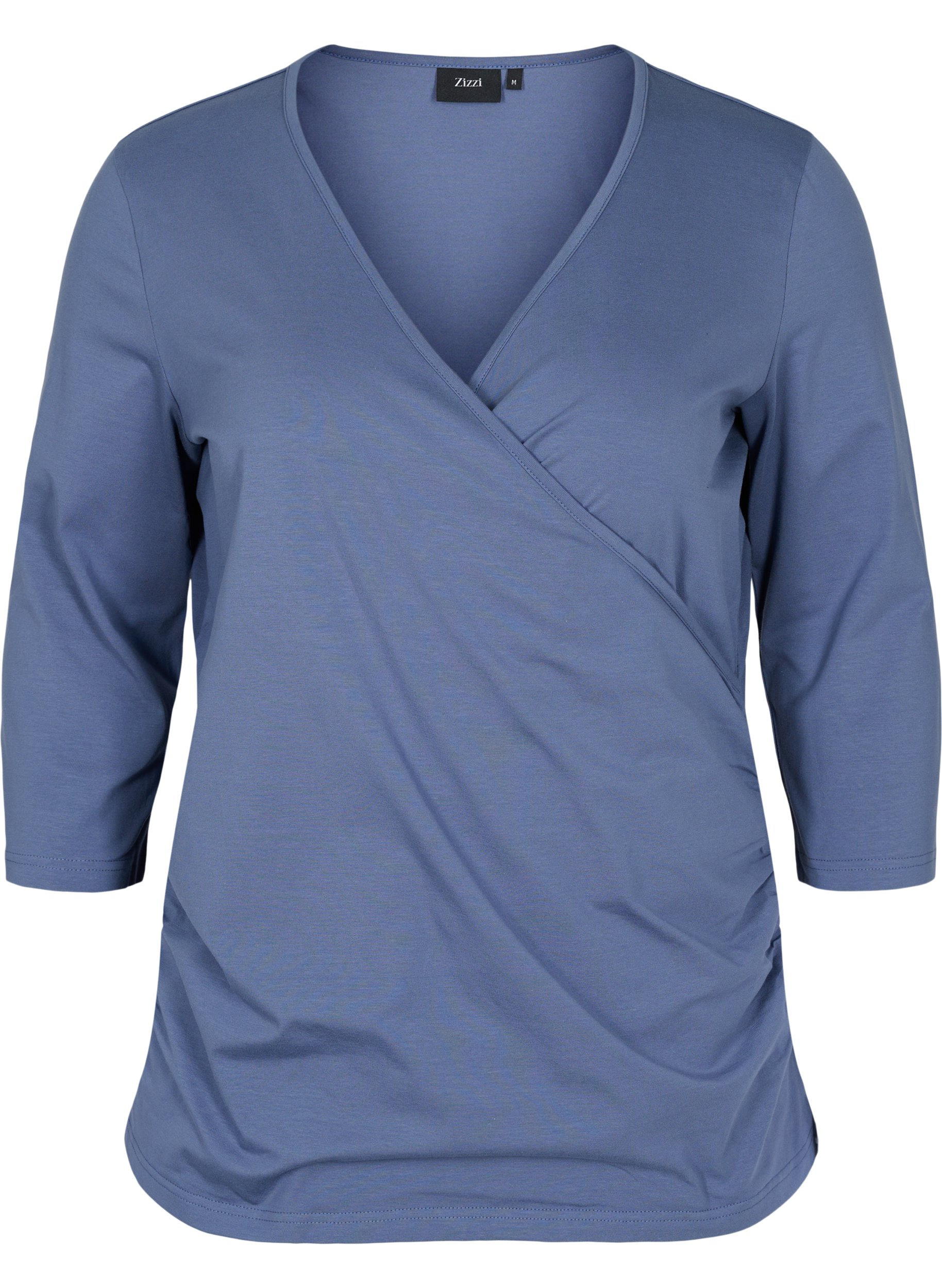Katoenen blouse met 3/4 mouwen en wikkel, Vintage Indigo