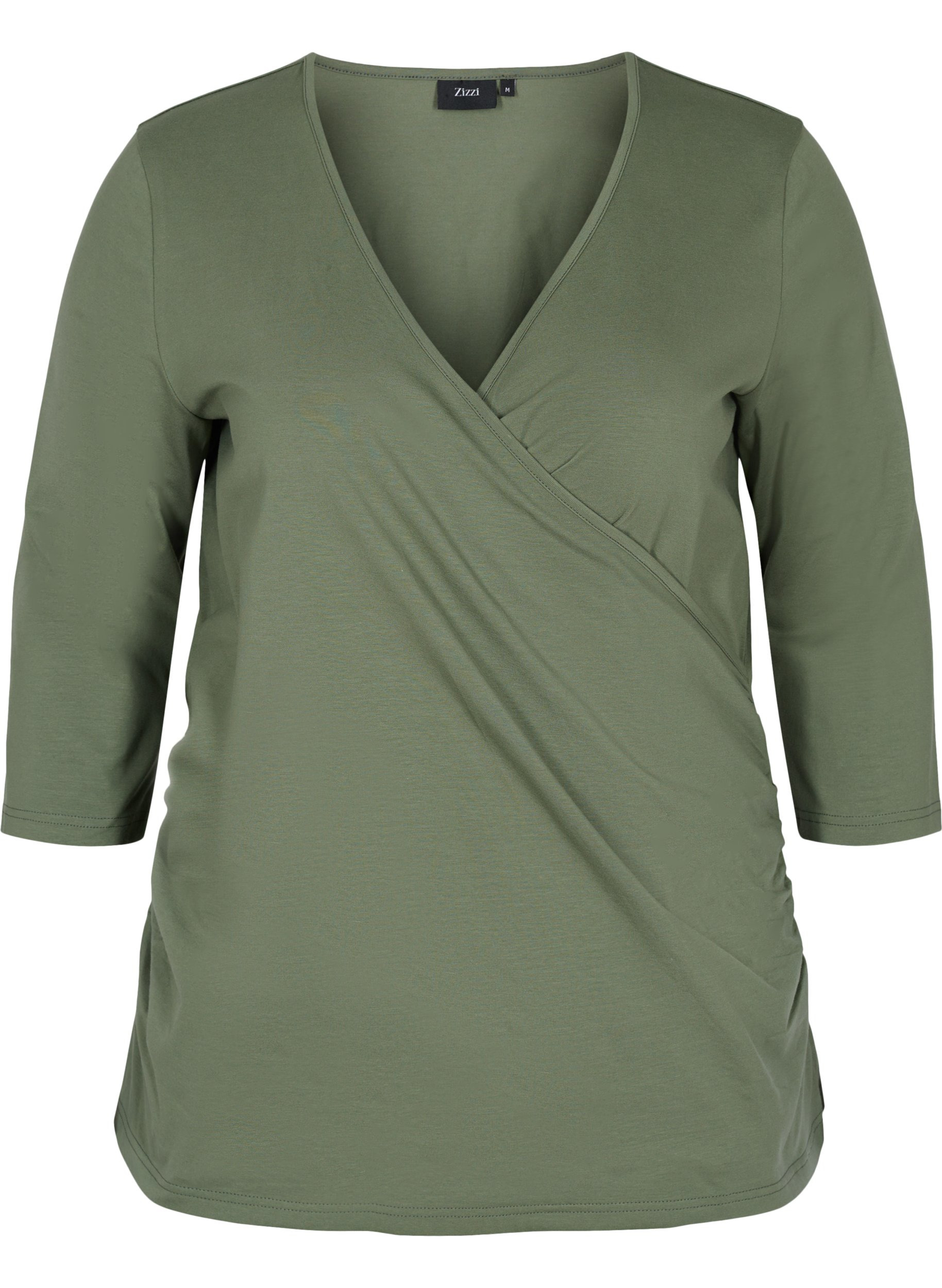 Katoenen blouse met 3/4 mouwen en wikkel, Thyme, Packshot image number 0
