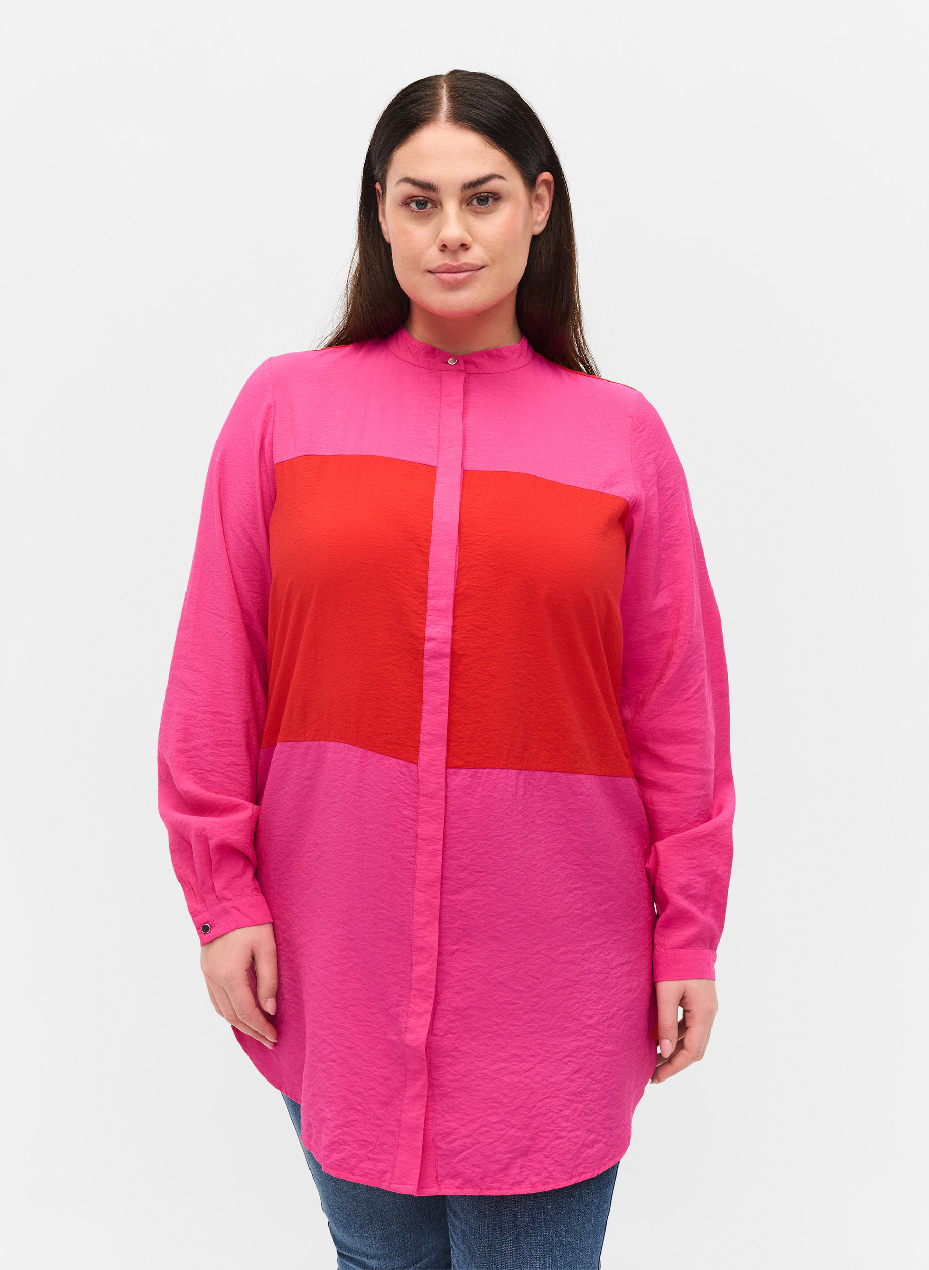 Lange blouse met color-block, Pink Red Block, Model
