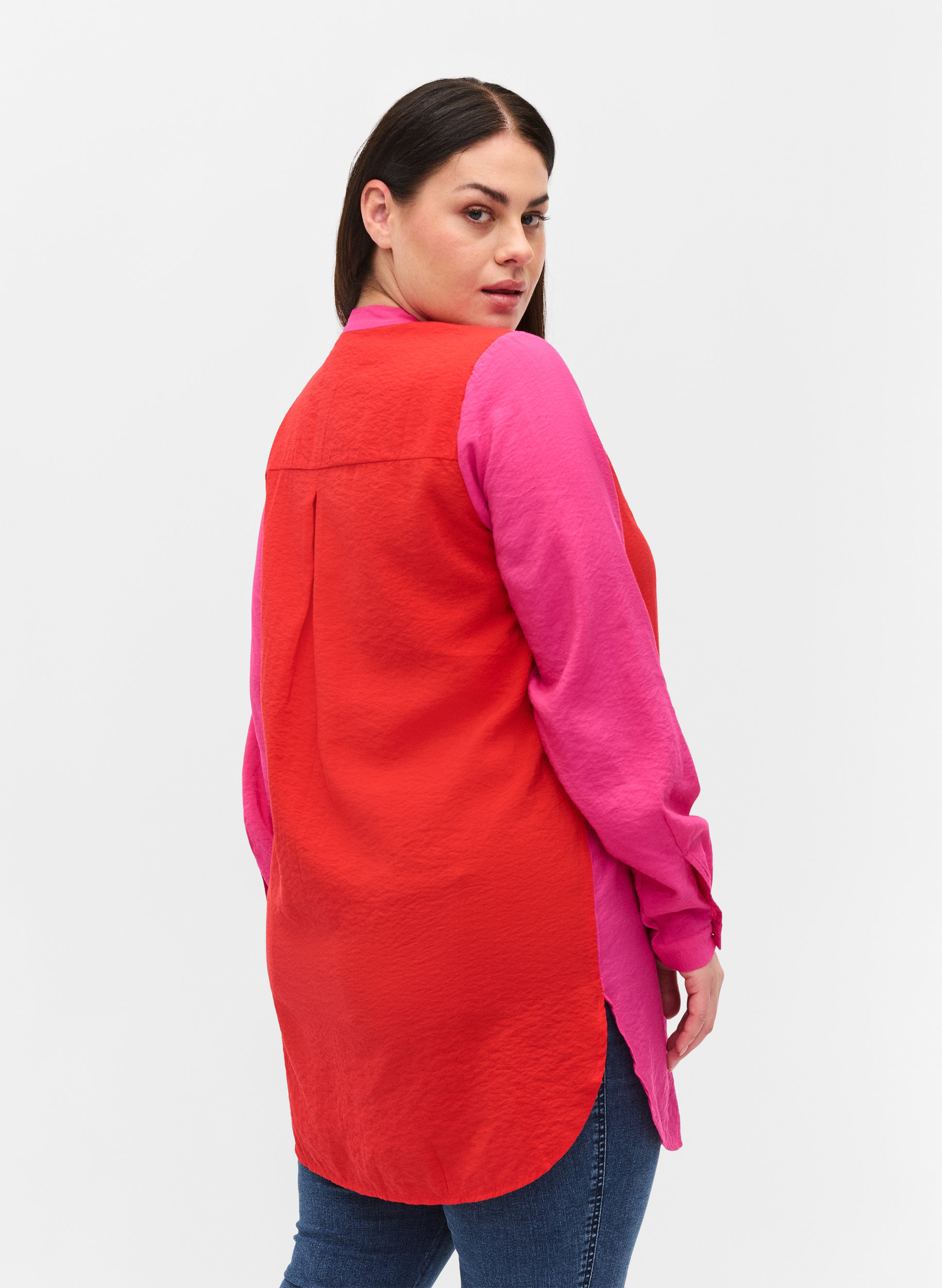 Lange blouse met color-block, Pink Red Block, Model