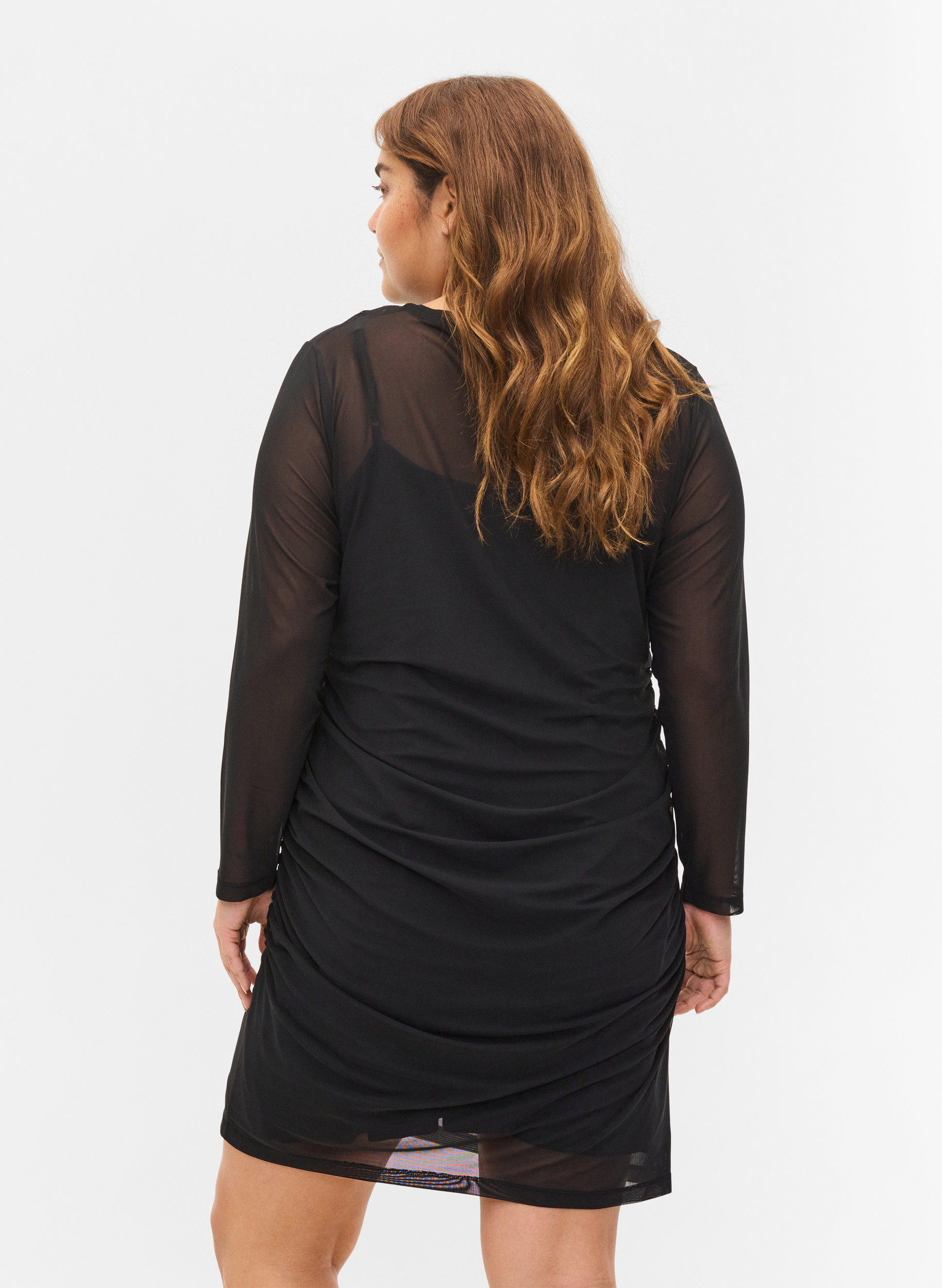 Nauwsluitende mesh jurk met 3/4 mouwen, Black, Model image number 1