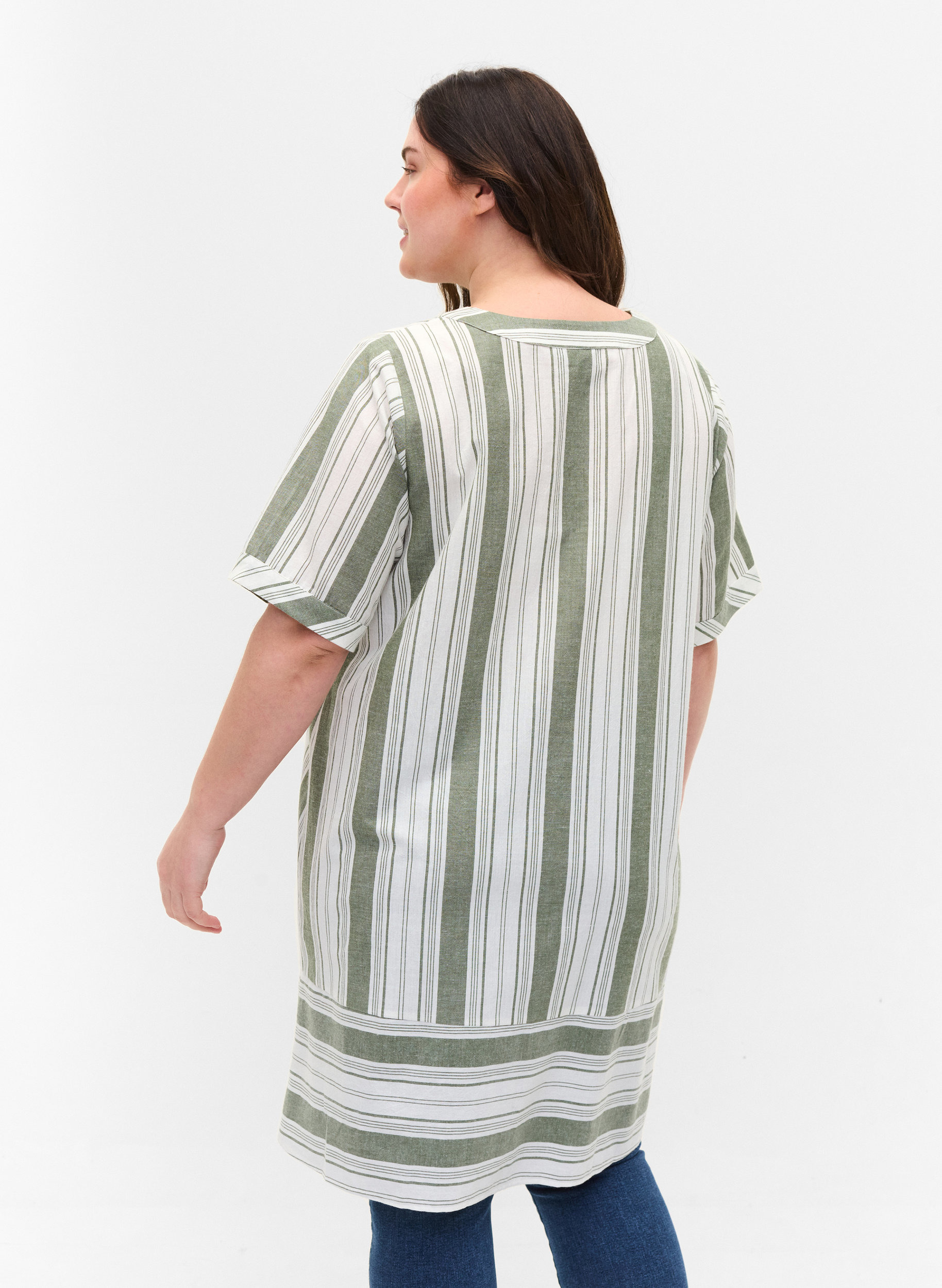 Gestreepte katoenen jurk met korte mouwen, Thyme Stripe, Model image number 1