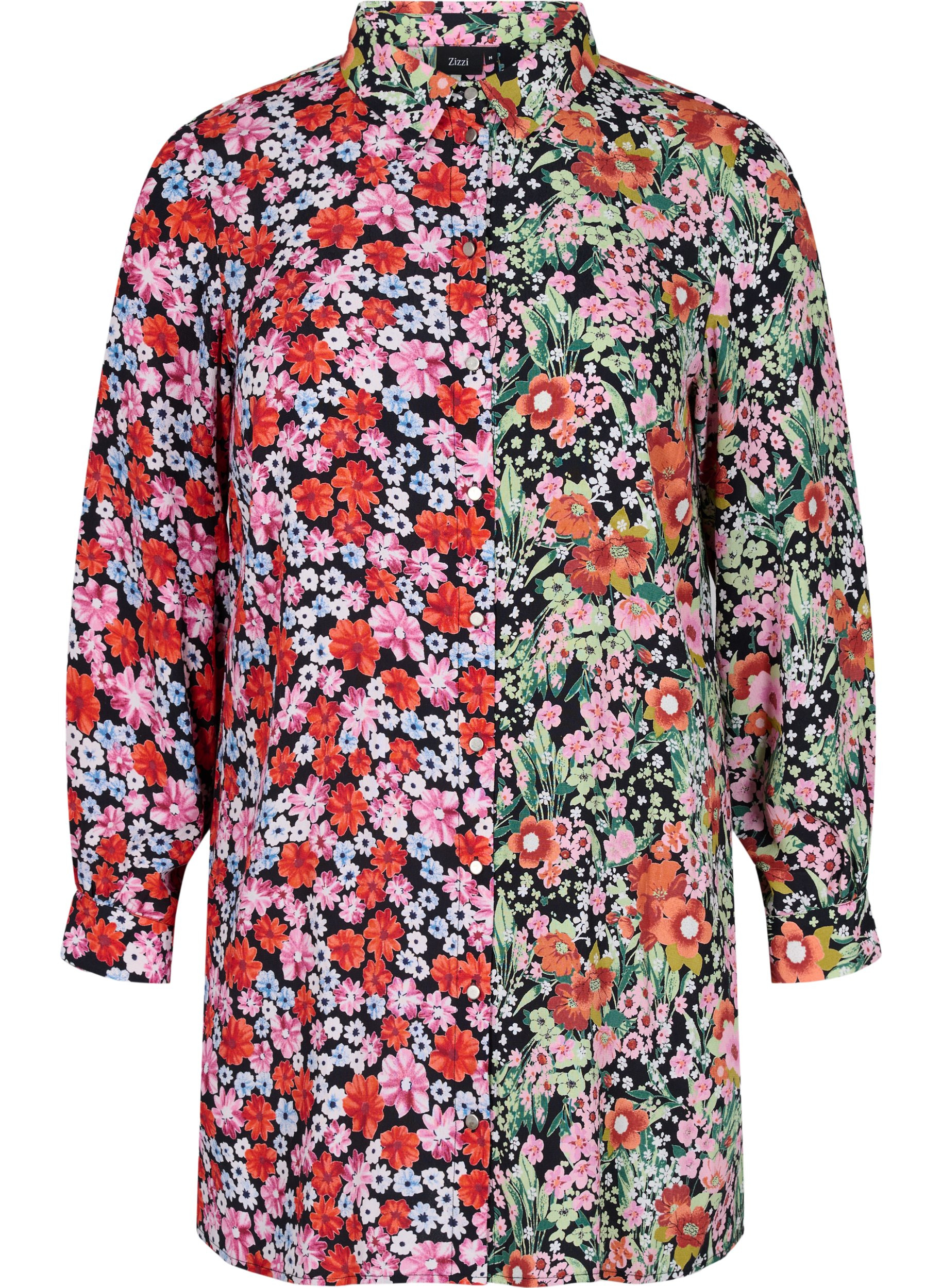 Lang gebloemd overhemd van viscose, Flower AOP Mix, Packshot image number 0
