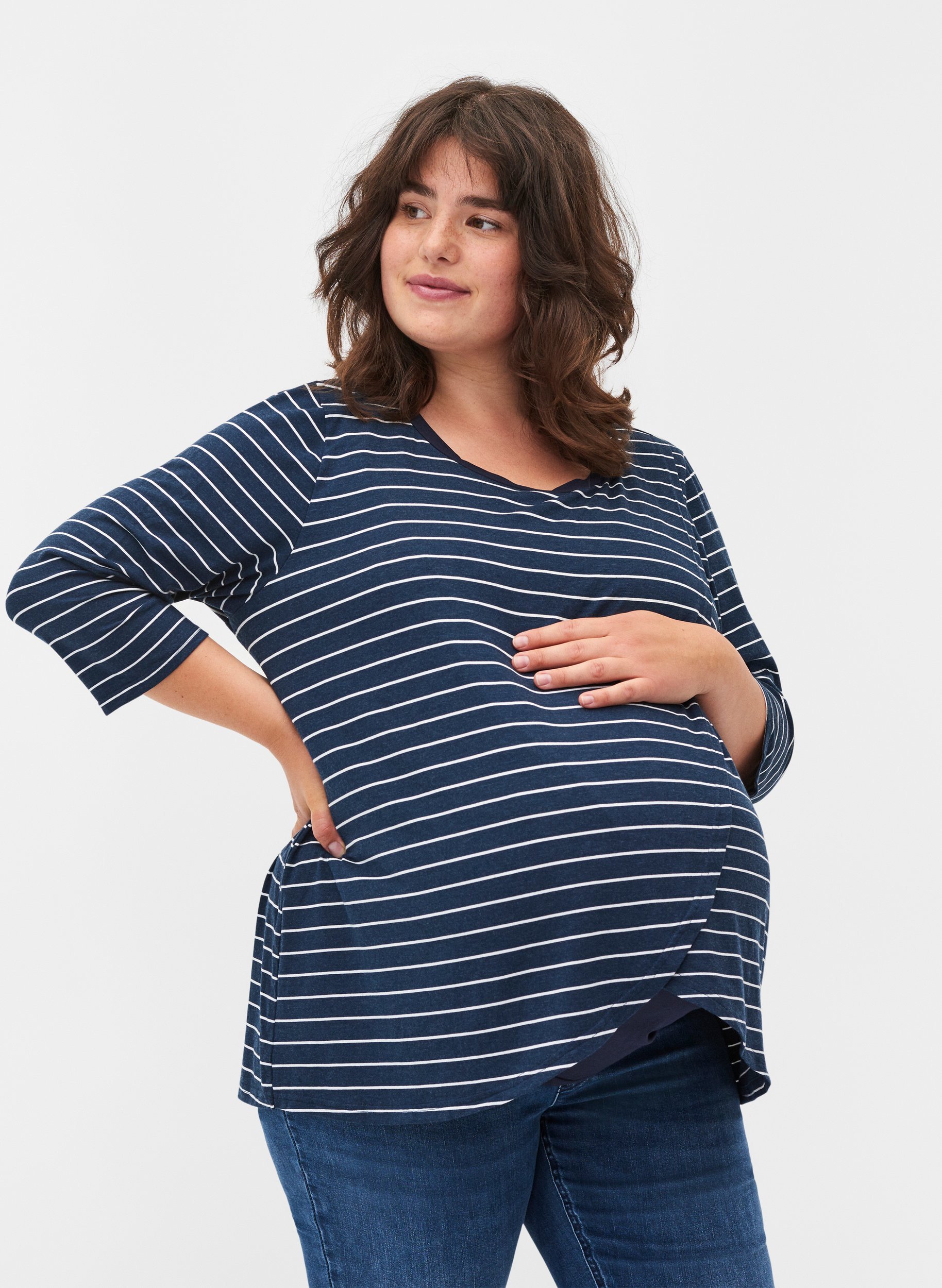 Gestreepte zwangerschapstop met 3/4 mouwen, Blue Stripe , Model image number 0