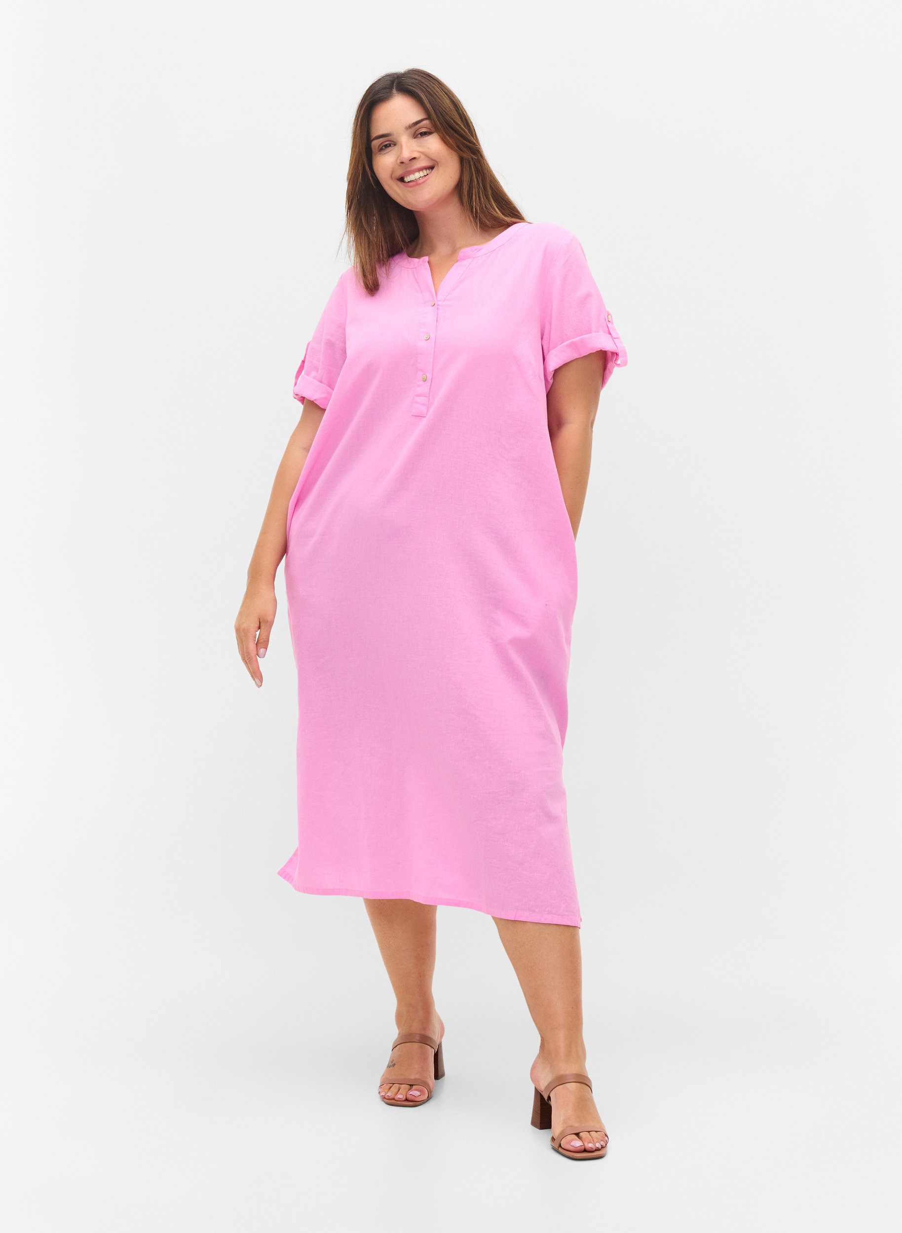 Lange blouse jurk met korte mouwen, Begonia Pink, Model image number 2