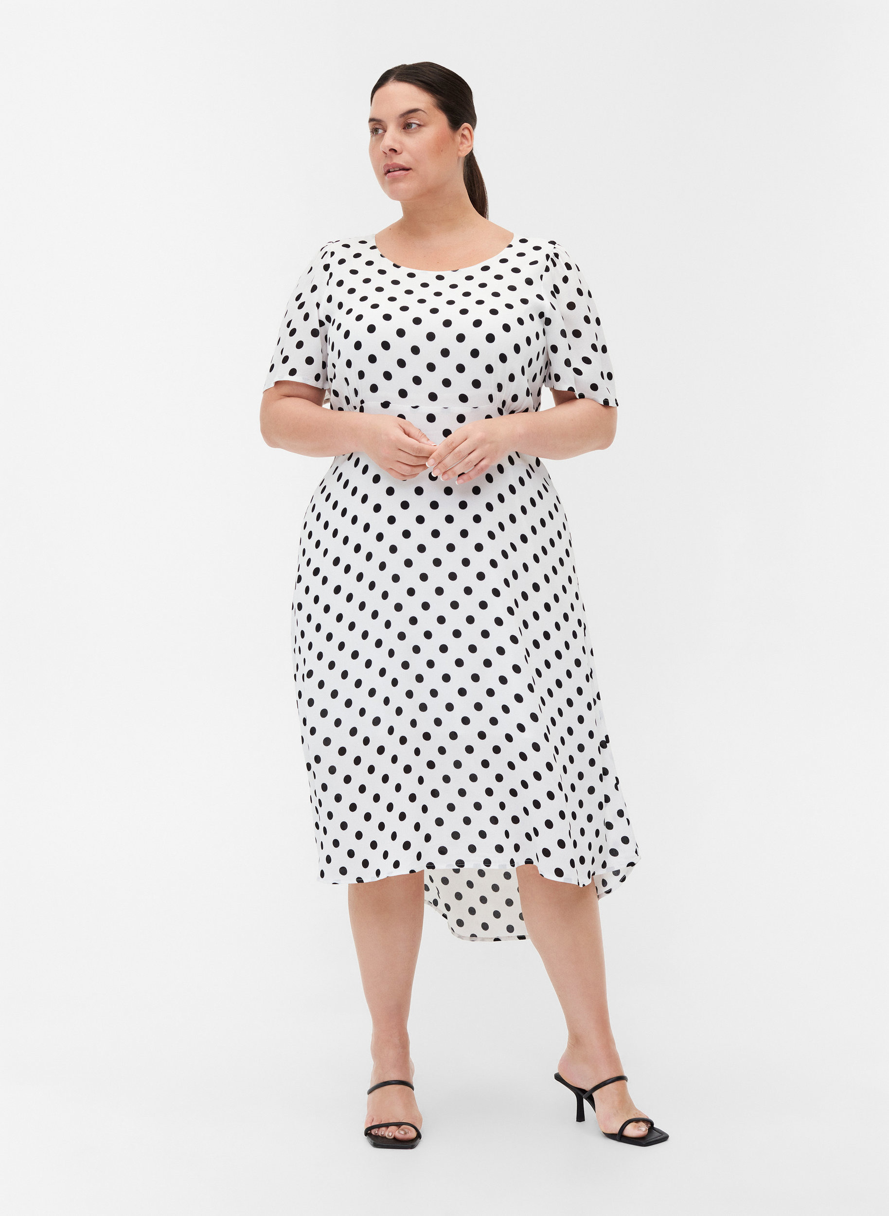 Viscose jurk met korte mouwen en stippen, White w. Black Dot, Model image number 3