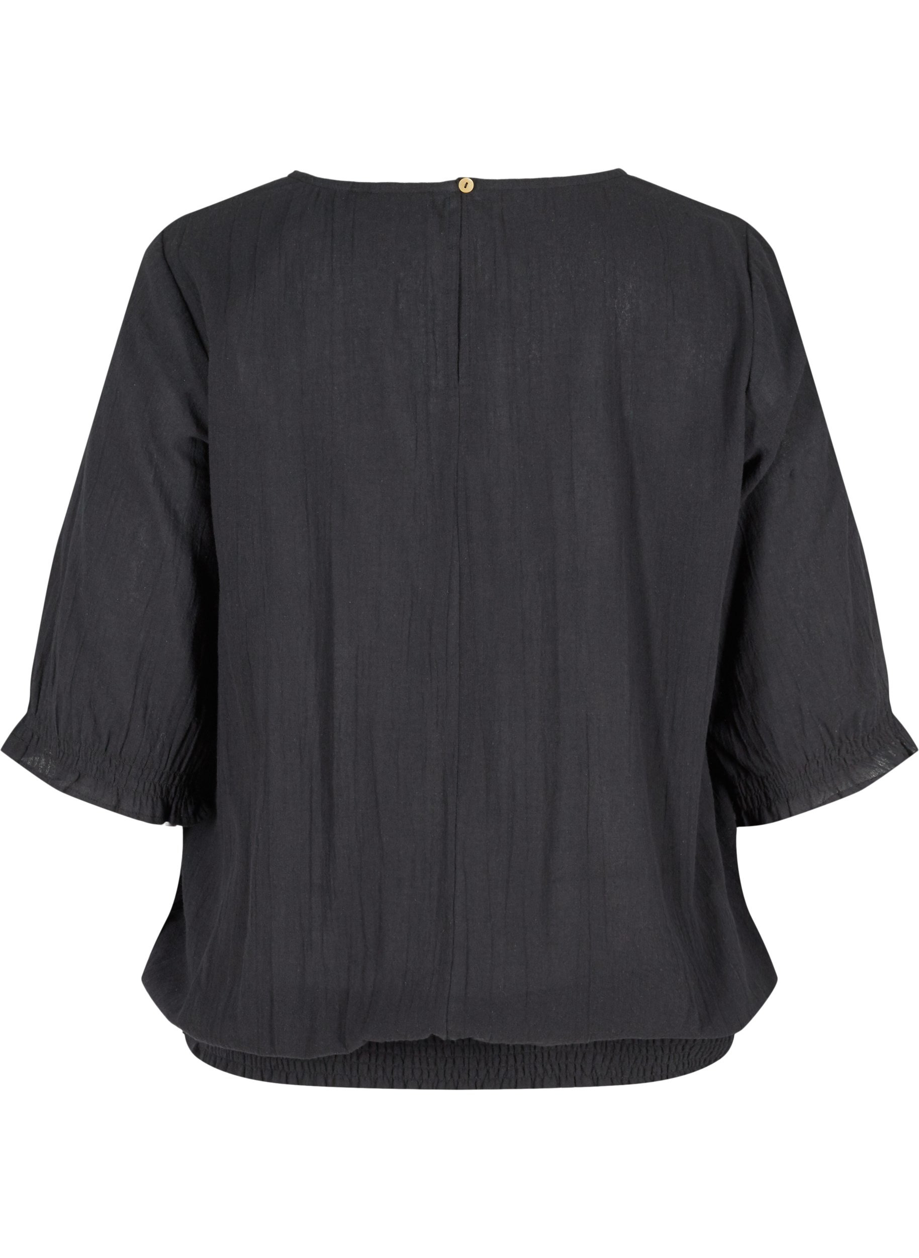 Katoenen blouse met smokwerk en korte mouwen, Black, Packshot image number 1
