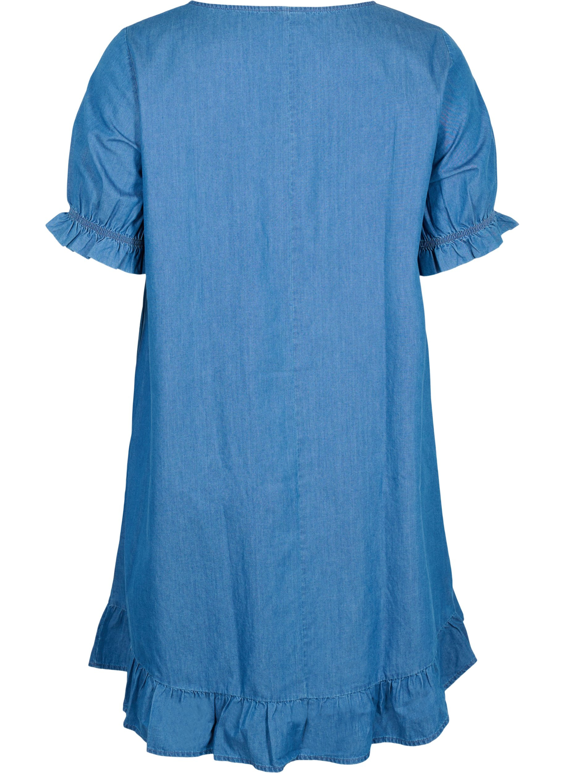 Denim jurk in katoen met korte mouwen, Blue denim, Packshot image number 1