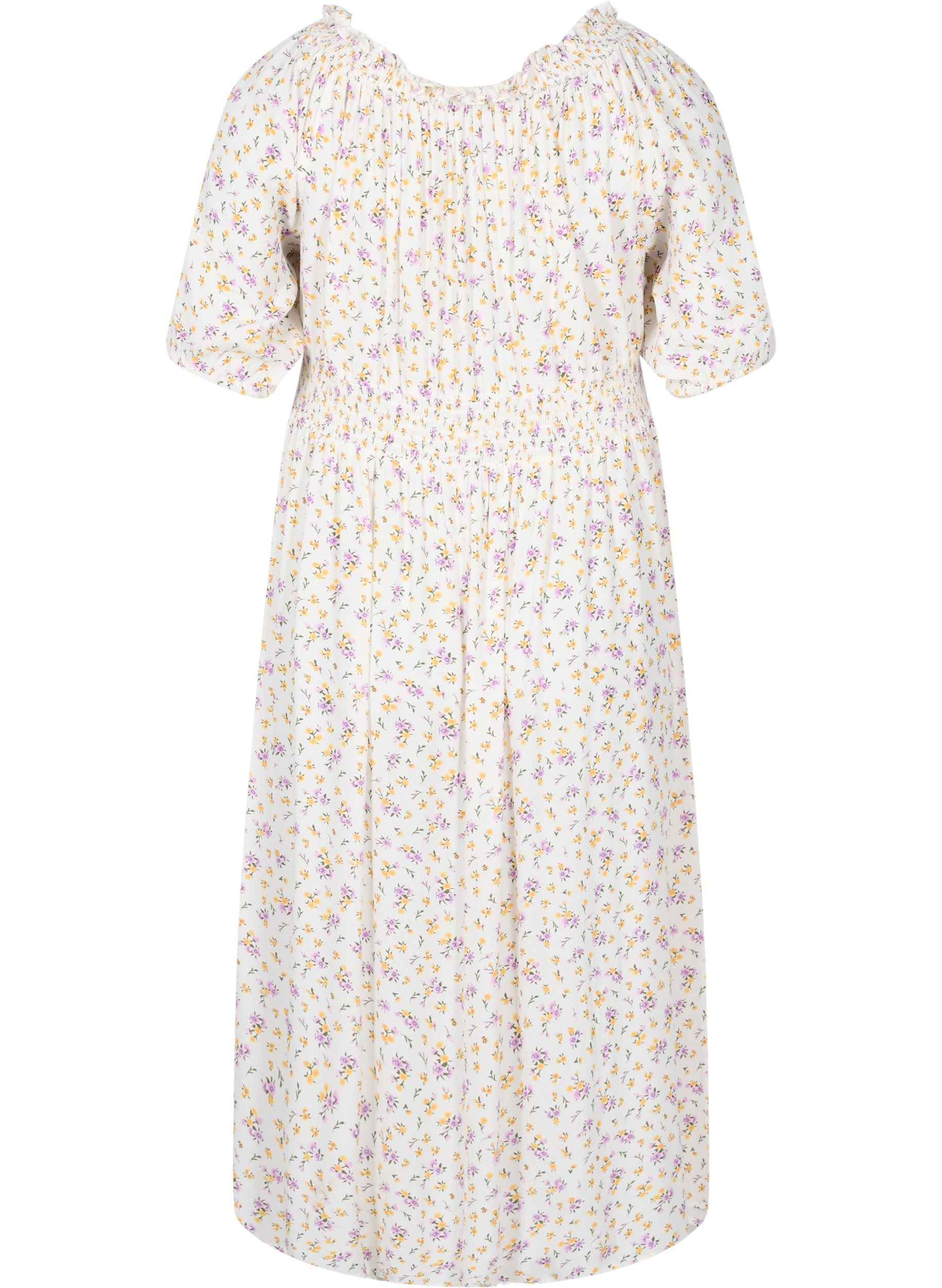 Gebloemde off-shoulder midi-jurk van viscose, White Flower AOP, Packshot image number 1