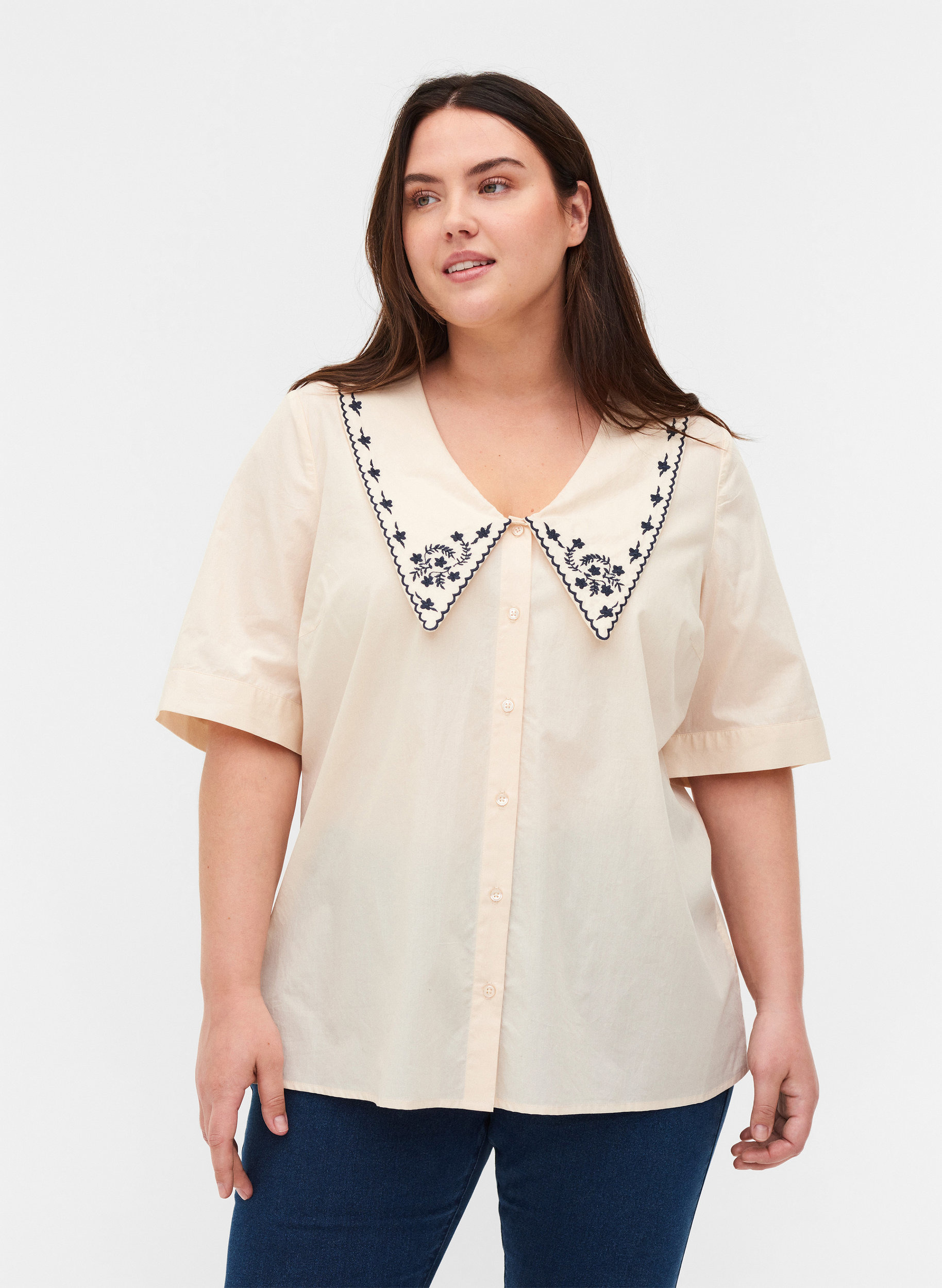 Katoenen blouse met korte mouwen en grote kraag , MotherOfPearl w.Blue, Model