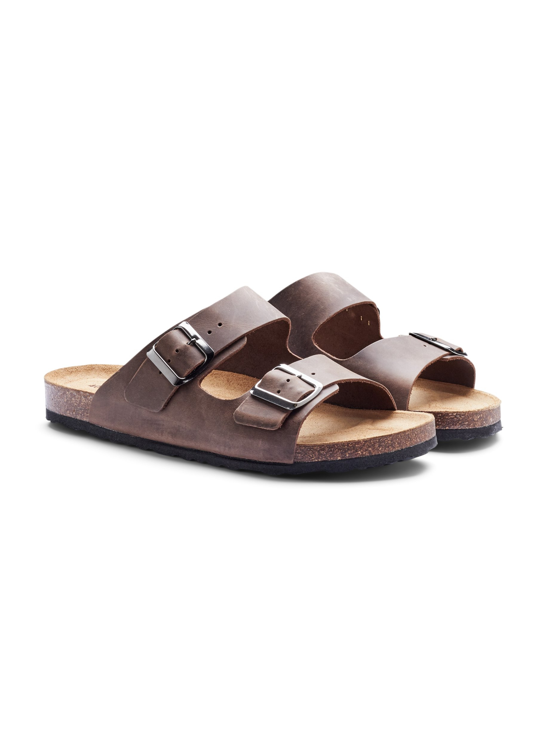 Leren sandalen met verstelbare gespen, Brown, Packshot image number 1