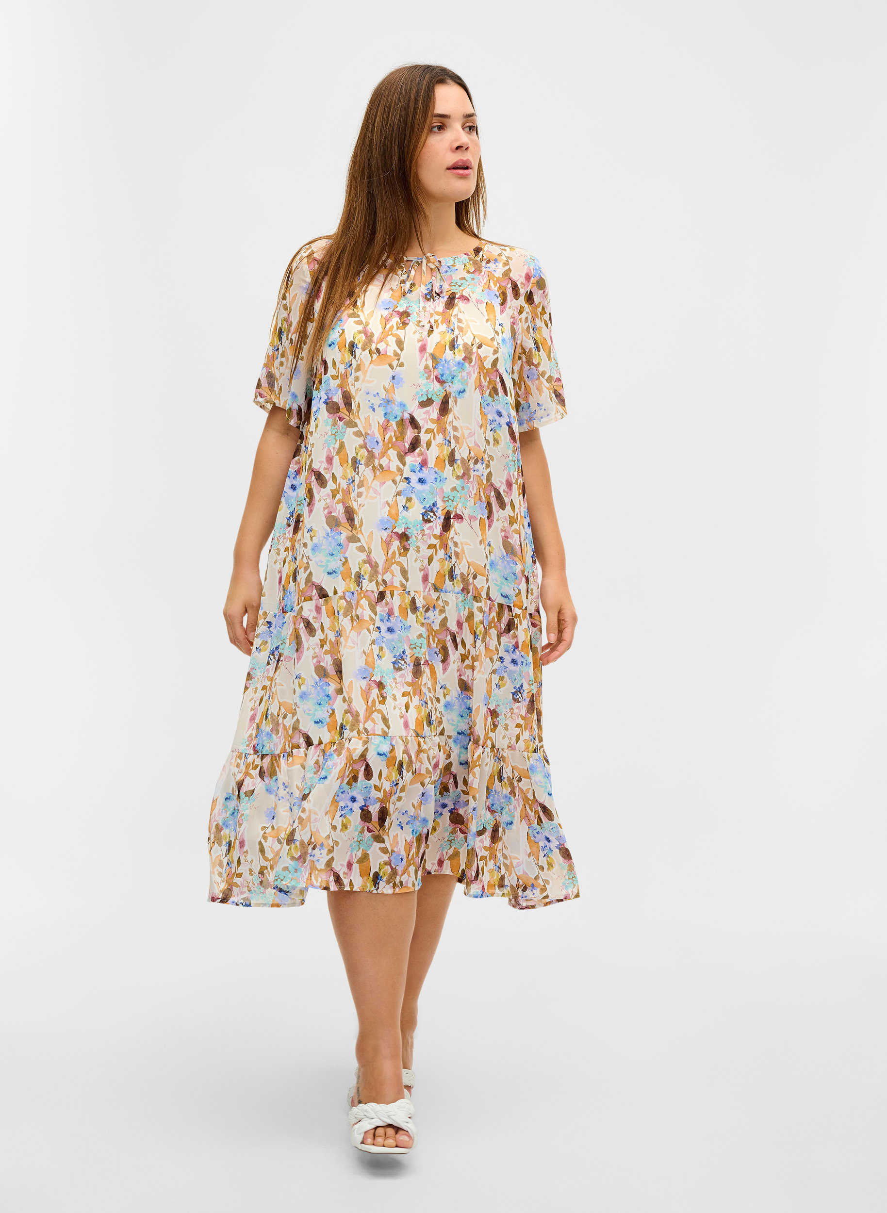 Gebloemde midi-jurk met korte mouwen, Humus Flower AOP, Model image number 2