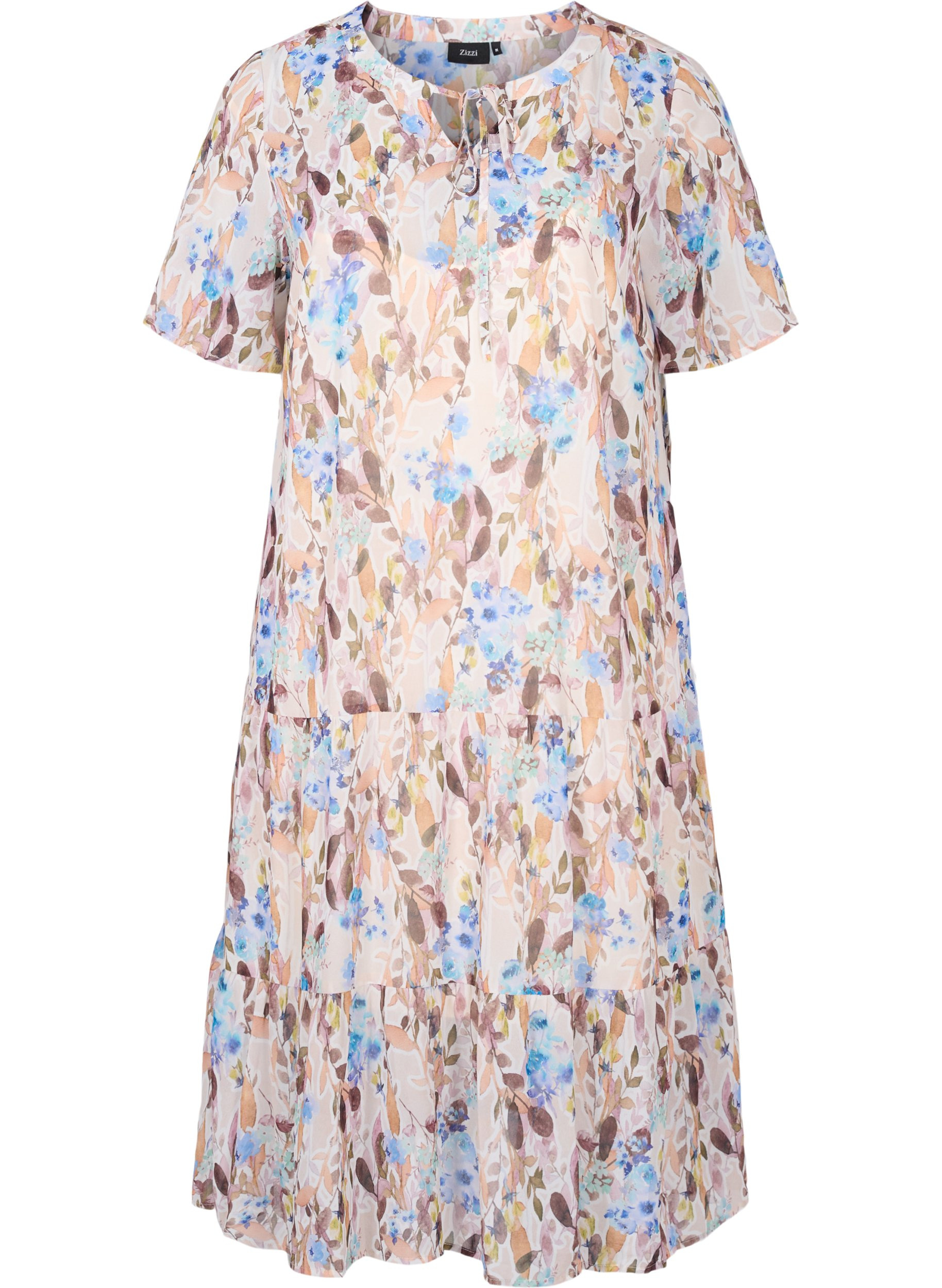 Gebloemde midi-jurk met korte mouwen, Humus Flower AOP, Packshot image number 0